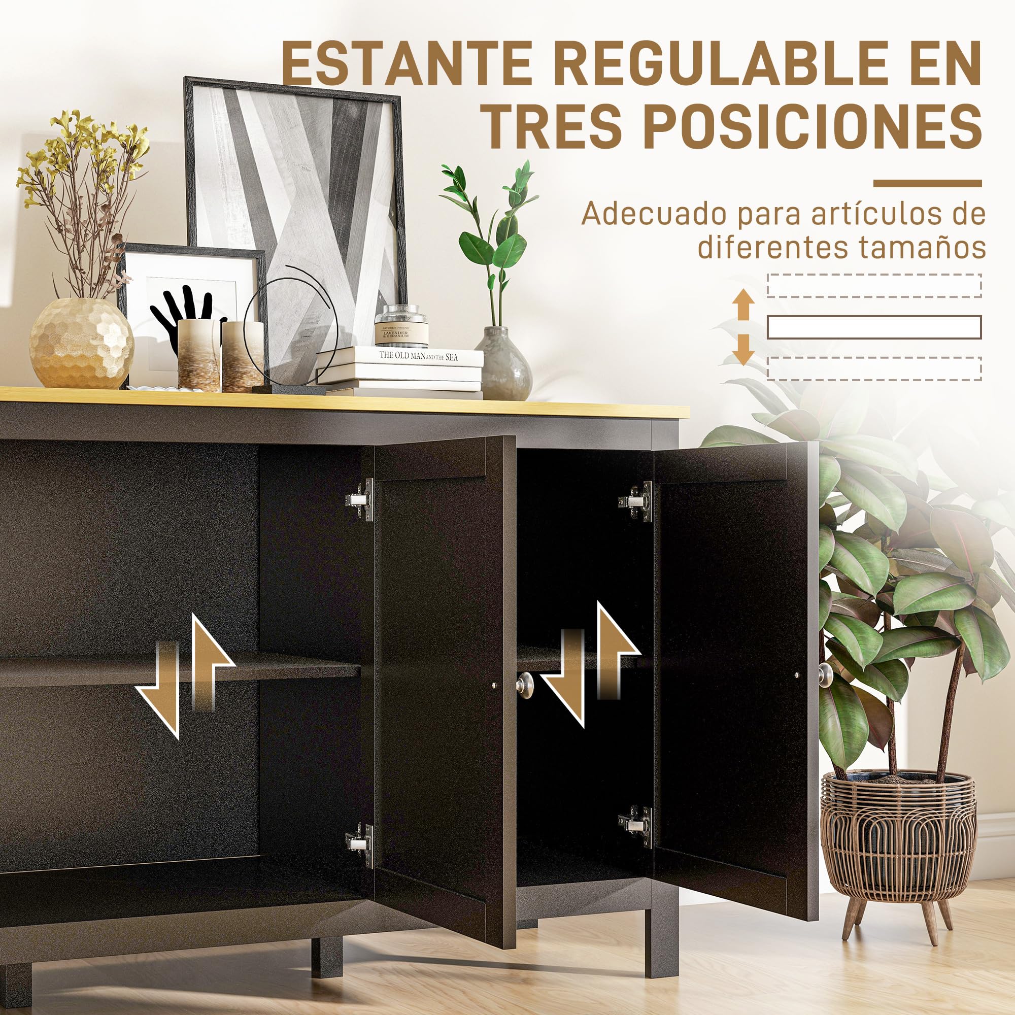 HOMCOM Aparador de 3 Puertas con Estantes Ajustables 120x40x70 cm Negro | Aparador de Salón, para Cocina, Entrada, Comedor, Dormitorio