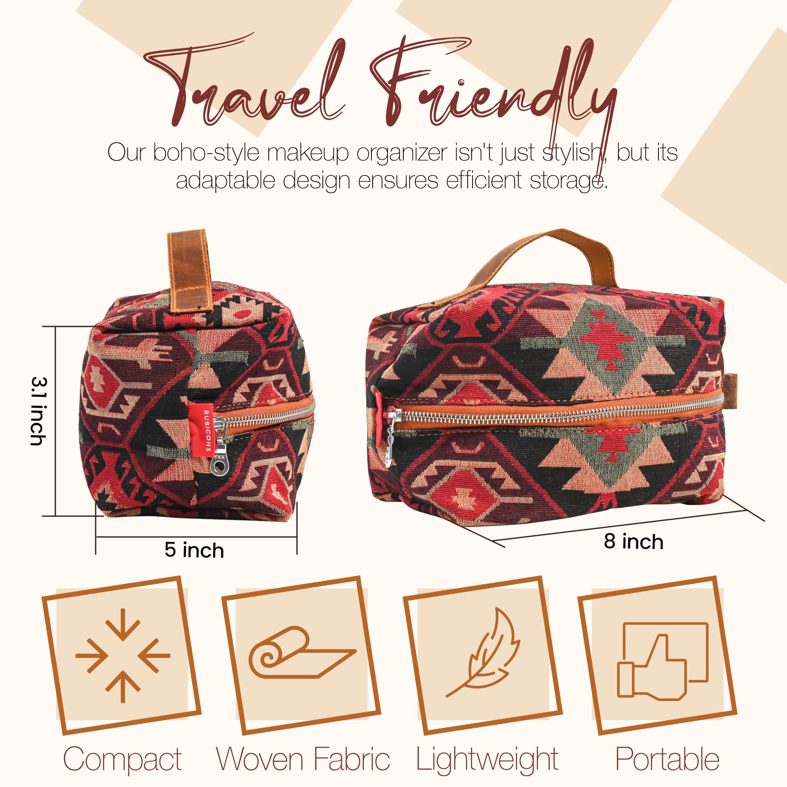 RUBICONS Cosmetic Handbag Makeup Organizer Purse Travel Toiletry Zipper Pouch for Women Red Boho Cotton Case (Red Boho)