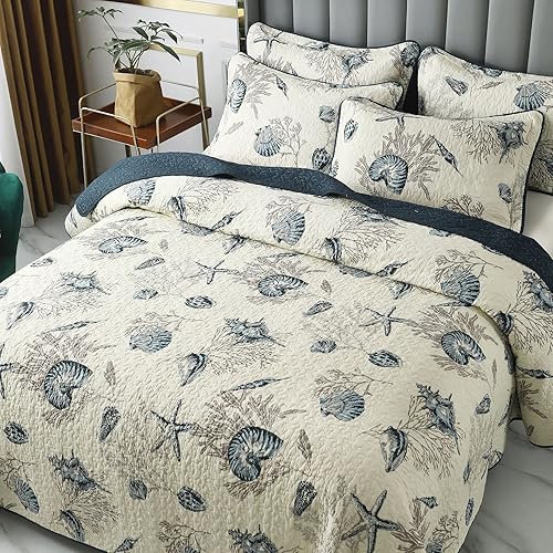 Miniatura 7 de ABREEZE Juego de ropa de cama con temática de playa costera, tamaño Queen, colcha reversible de algodón con diseño de conchas y conchas de mar,