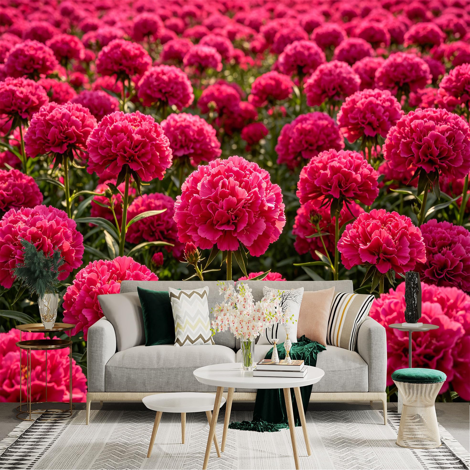 Lnzczhyre Dbh260521967 Custom Size Wall Sticker Mural， Vibrant Pink Peony Flowers， Blooming Floral Garden， Lush Botanical Scene， For Wall Decoration， Peelandstick Wall Decals.