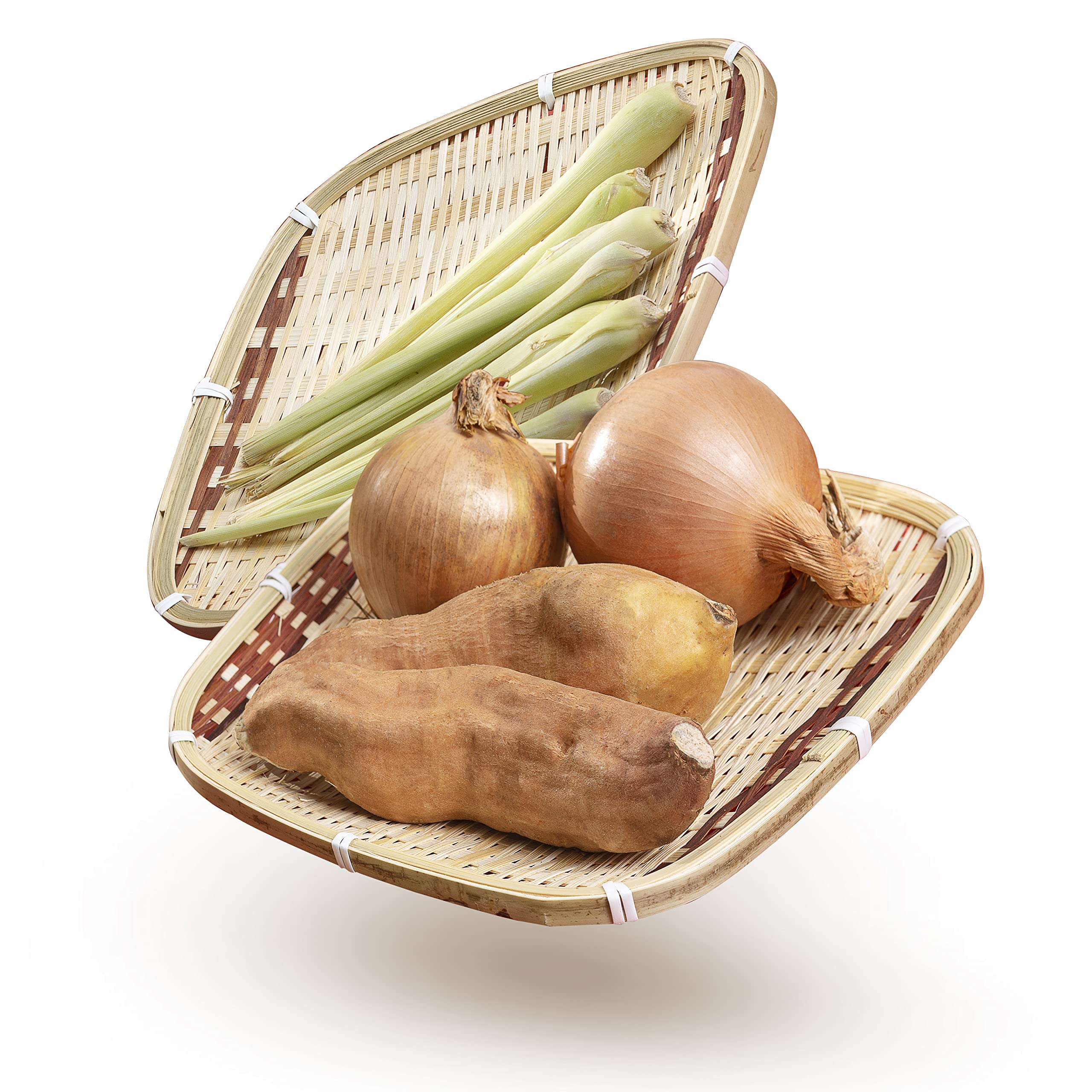 LiLaCraft Set 5 Handwoven Square Bamboo Serving Trays for Eating, Decorative Flat Wicker Serving Trays for Food, Fruit and Snacks Holder, Round Shallow Wicker Trays for Kitchen, Food Trays for Eating