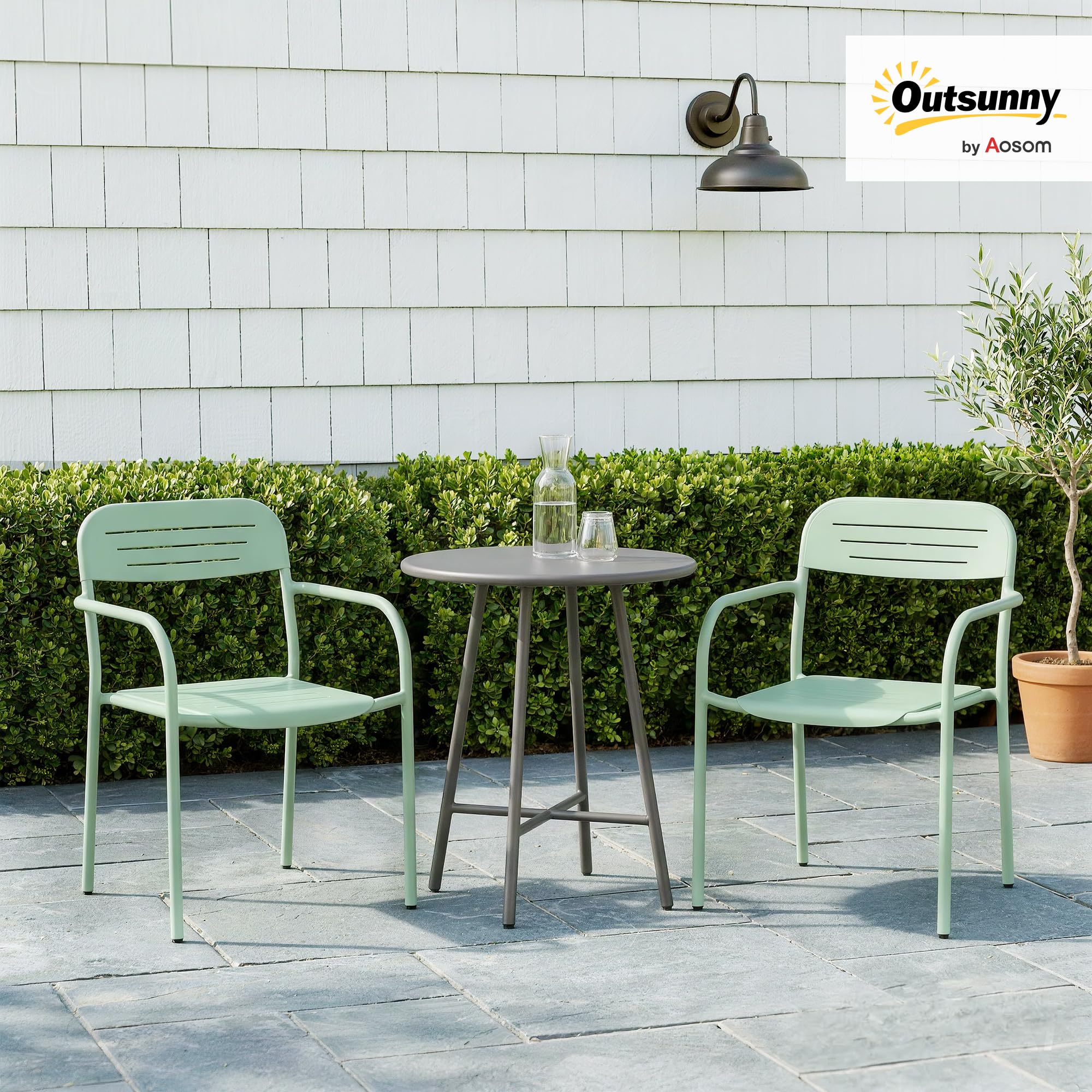 Outsunny Lot de 2 Chaises de Jardin Métal Antirouille - Fauteuil Salon Extérieur Empilable Résistant aux Intempéries avec Accoudoirs - Meuble pour Aménagement Balcon Terrasse et Bistro, Vert