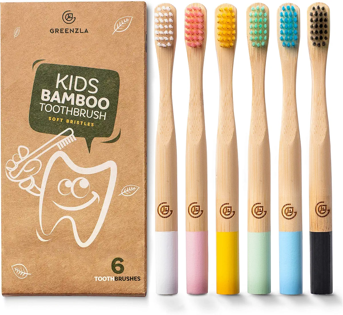GREENZLA Kids Bamboo Toothbrushes (6 Pack) BPA Free Soft Bristles Eco-Friendly, Natural Toothbrush Set Biodegradable &amp; Compostable Charcoal Wooden