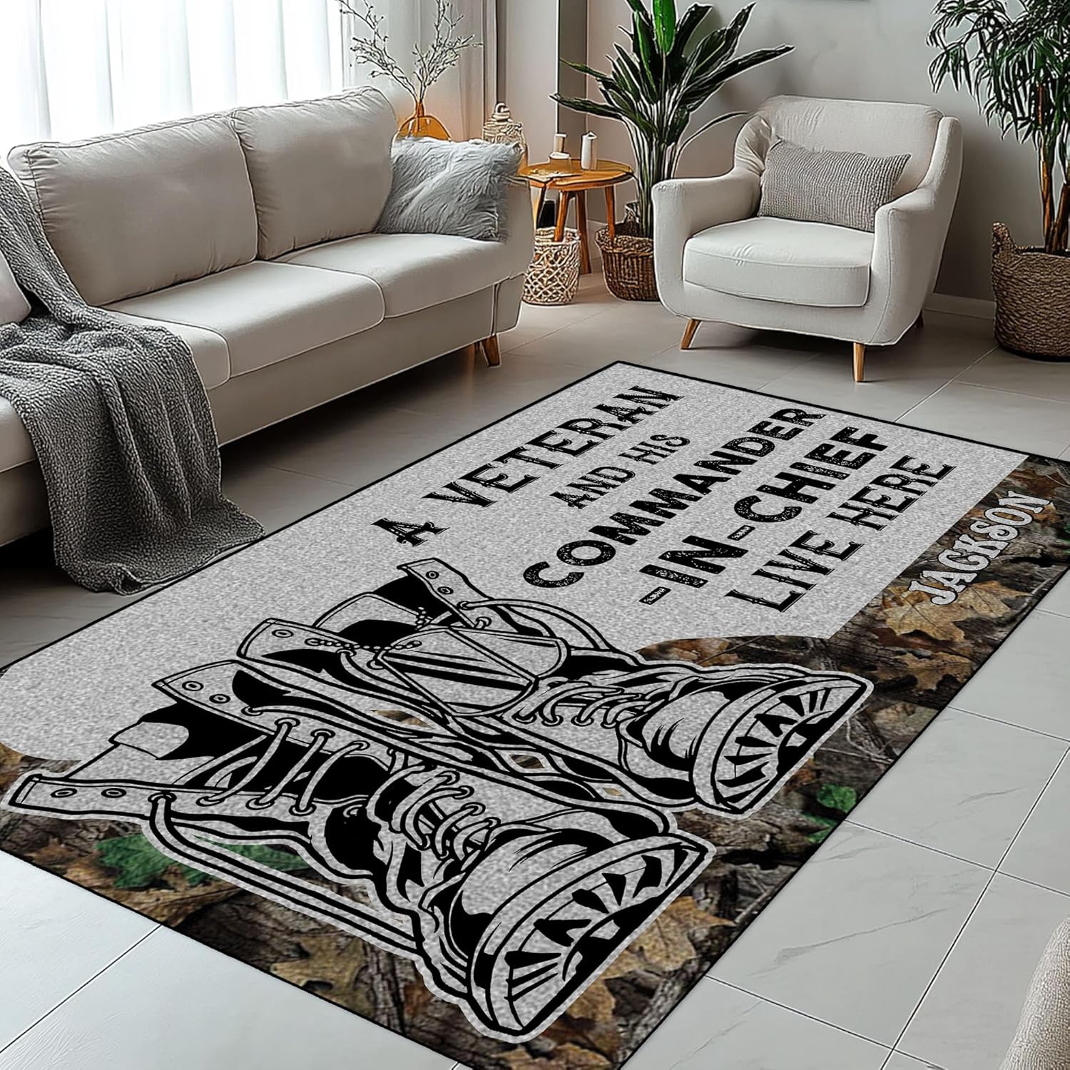 Custom Veteran Area Rug - Indoor Outdoor Carpet for Cabin, Porch, Entryway, Living Room, Personalized Name Hallway Runner Home Decor, Housewarming, Birthday Gift for Men, Women, Dad, Grandpa