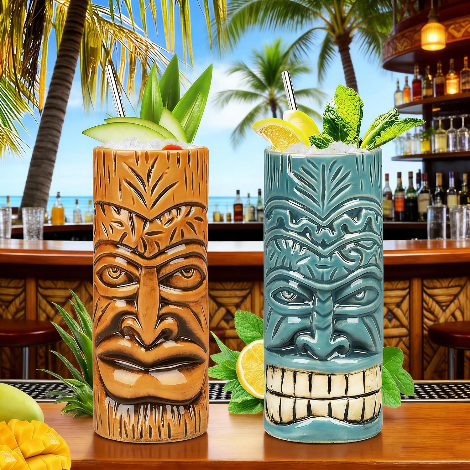 SuproBarware TIKI Mug Set - Set of 2 Ceramic TIKI Mug 15oz/440ml Tropical Style Cocktail Glass Set for Cocktail Lover (Orange&Blue)