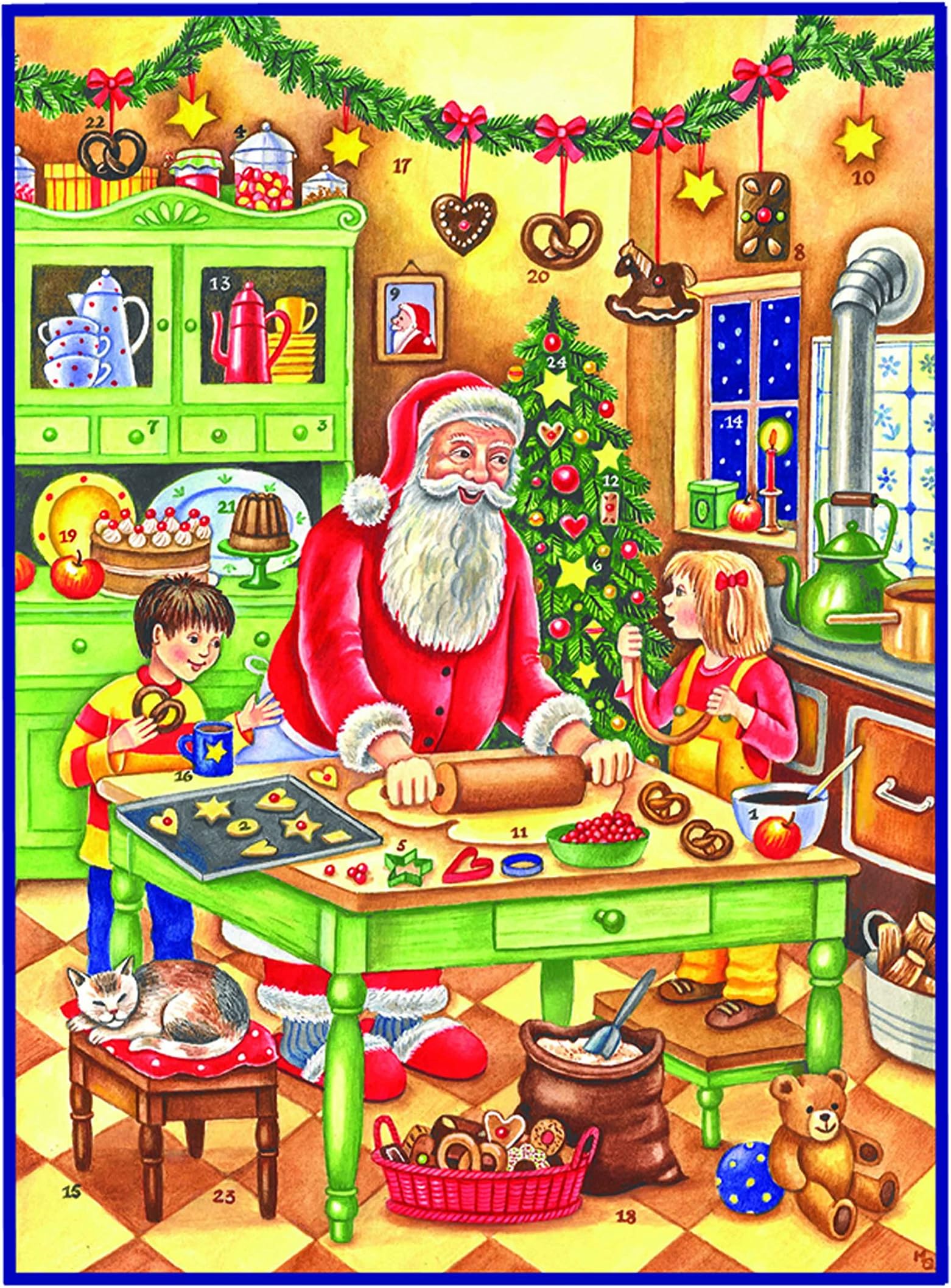 Large Advent Calendar 24 Doors 355 x 260 mm - Festive Santa Baking Cookies - with Glitter and Translucent Windows - RS 70110 - Traditional Antique German Design