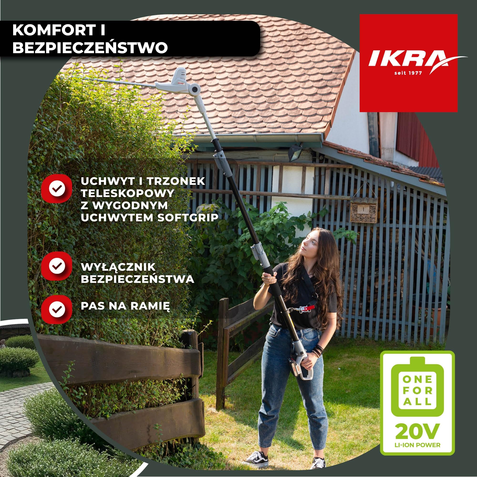 IKRA Nożyce akumulatorowe teleskopowe do żywopłotu ICPH 2040, 40 cm | Teleskop 220–275 cm: większy zasięg pracy, grubość cięcia 18 mm, akumulator 20 V 2,0 Ah, ładowarka i pas w komplecie