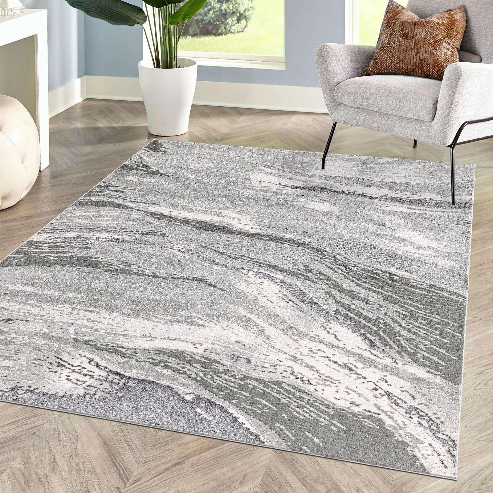 renoazul® Soft Pile Floor Rugs Living Room - Jeze Grey Abstract Rug - 120 x 170 cm - Washable Bedroom Carpet For Living Room, Lounge and Fireside Rug