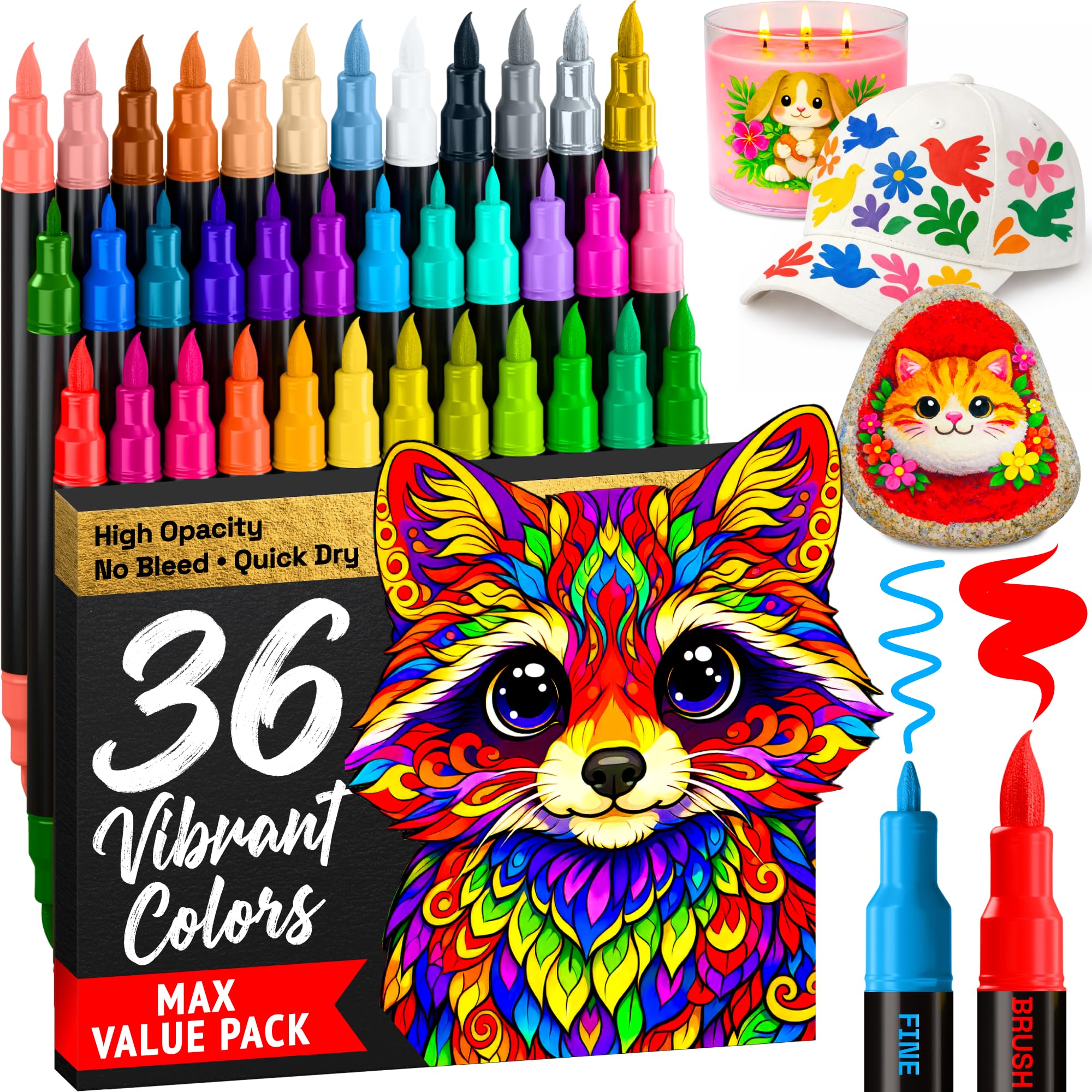 ARTISTRO 36 Acrylic Paint Markers - Paint Pens for Drawing, Brush + Fine Tips - For Fabric, Rock, Glass, Wood, DIY - Art & Craft Supplies for Adults, Teens, Kids - Teacher Appreciation Gift 36 Multicolor