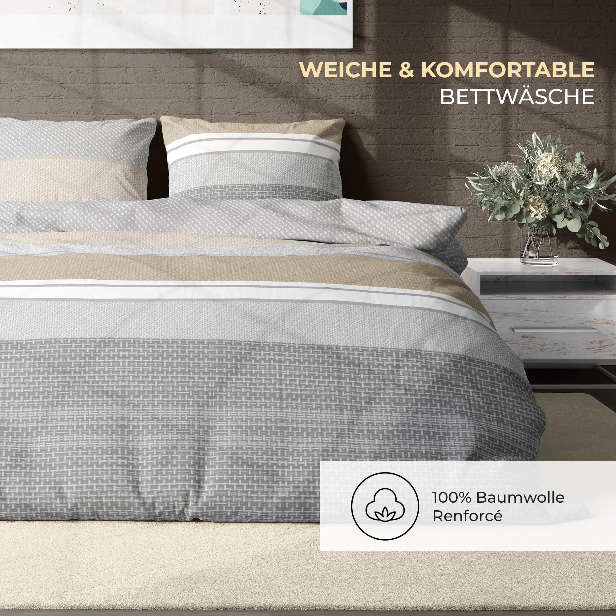 Ropa de cama premium de 200 x 200 – 100 % algodón, certificado Öko-Tex, tejido Renforcé, transpirable e hipoalergénico, con cremallera, 3 piezas, funda nórdica + 2 fundas de almohada de 80 x 80