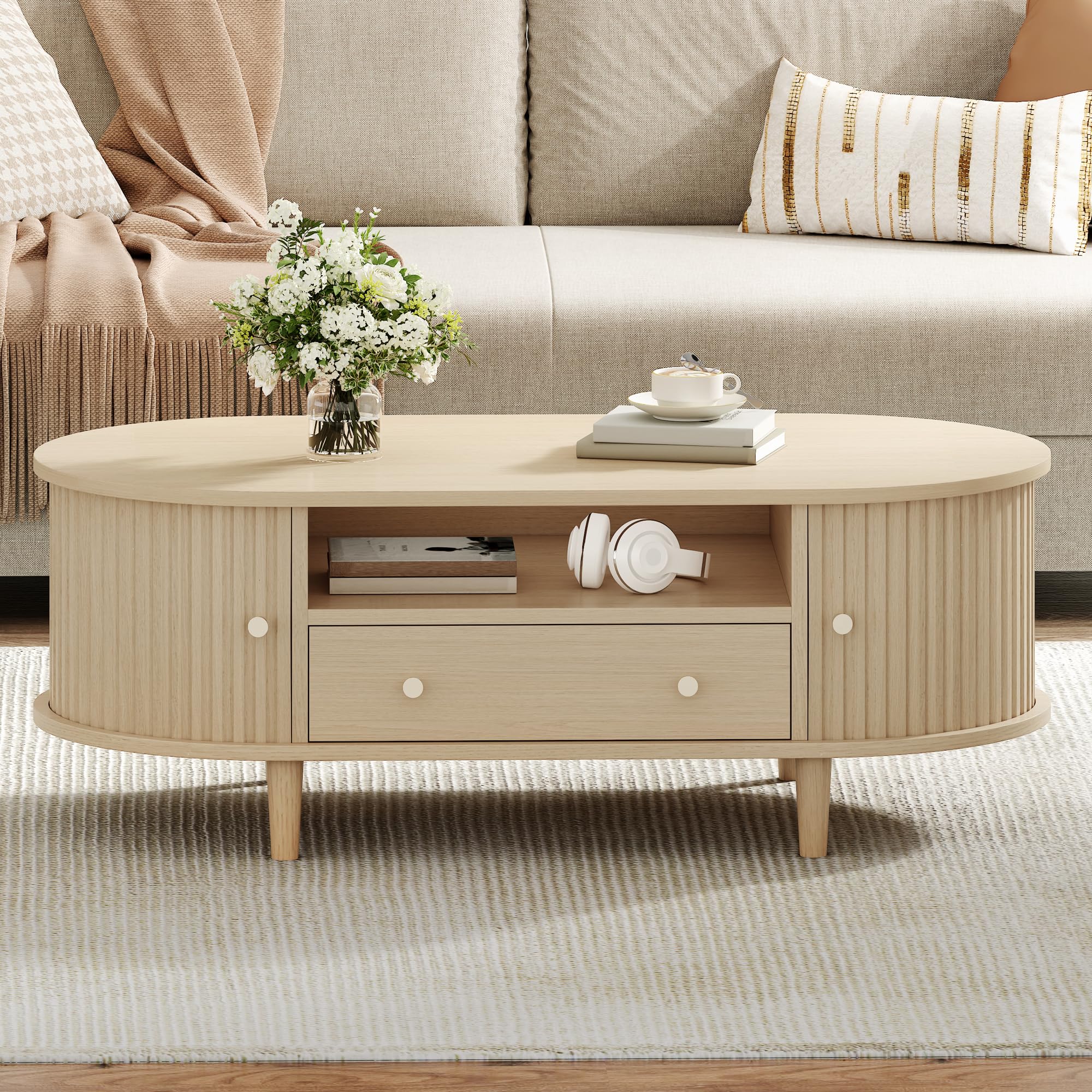 Table Basse Salon Ovale 100x50x36 cm avec Porte à roulettes et Rangement, Petite Table de Salon en Bois, Design Moderne pour Canapé et Petit Espace