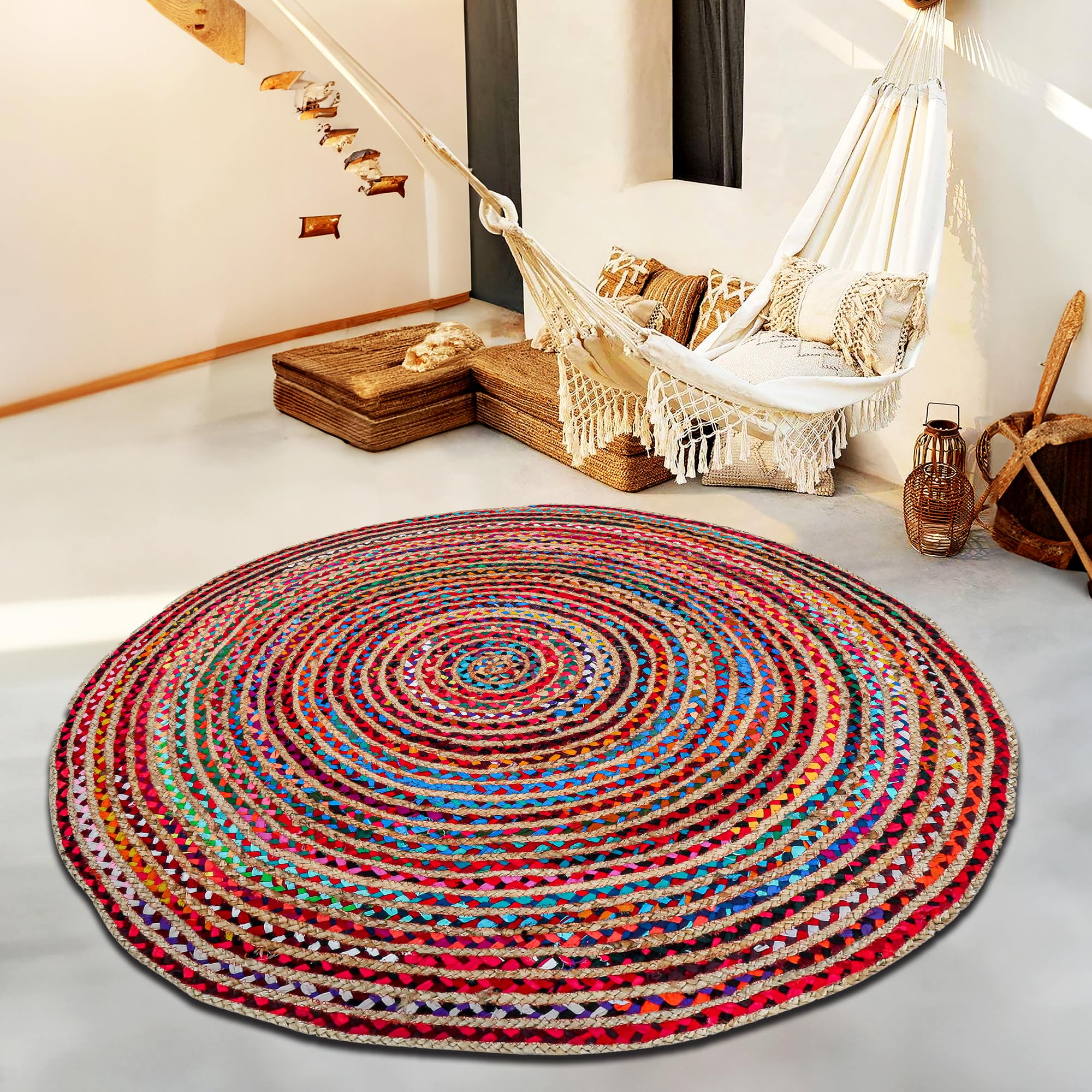 GRUHUM Tapis Rond Tissé Main En Jute Et Coton Naturel – Bohème, Rustique, Doux Et Réversible