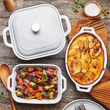 STAUB Ceramic 4-pc Baking Pans Set, Casserole Dish with Lid, Brownie Pan, White