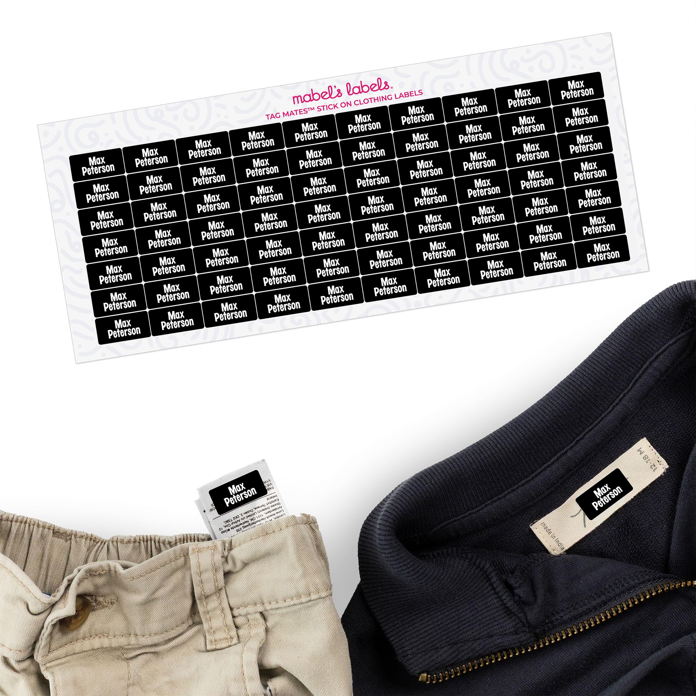 Mabel’s Labels Tag Mates Stick-On Clothing Labels – Laundry-Safe Kids' Name Labels That Peel and Stick to Clothing Care Tags. (Black)