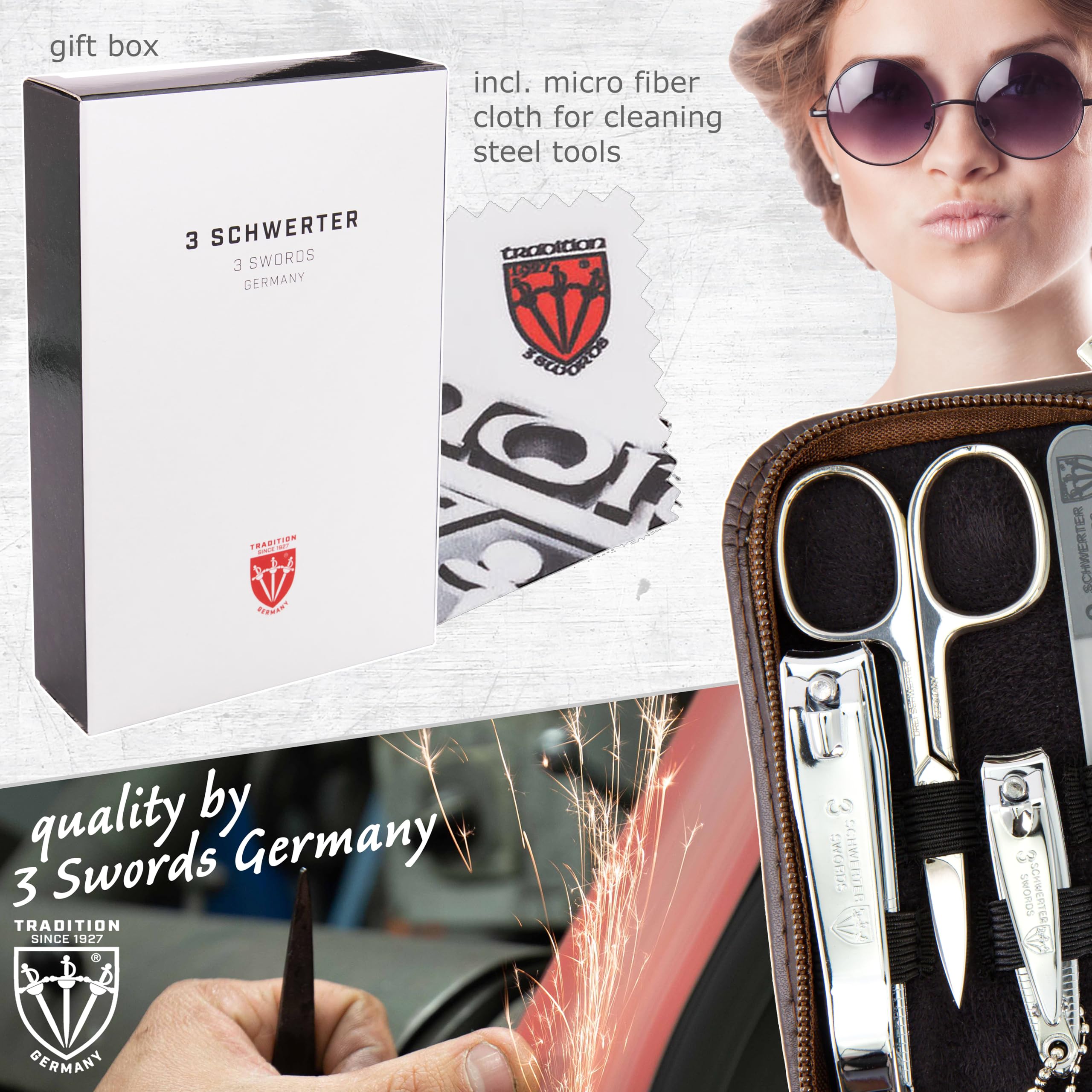 3 Swords Germany – Set di 8 pezzi per manicure e pedicure professionale per la cura delle unghie delle dita e dei piedi – Custodia in vera pelle in confezione regalo, Made in Solingen Germany (03645)