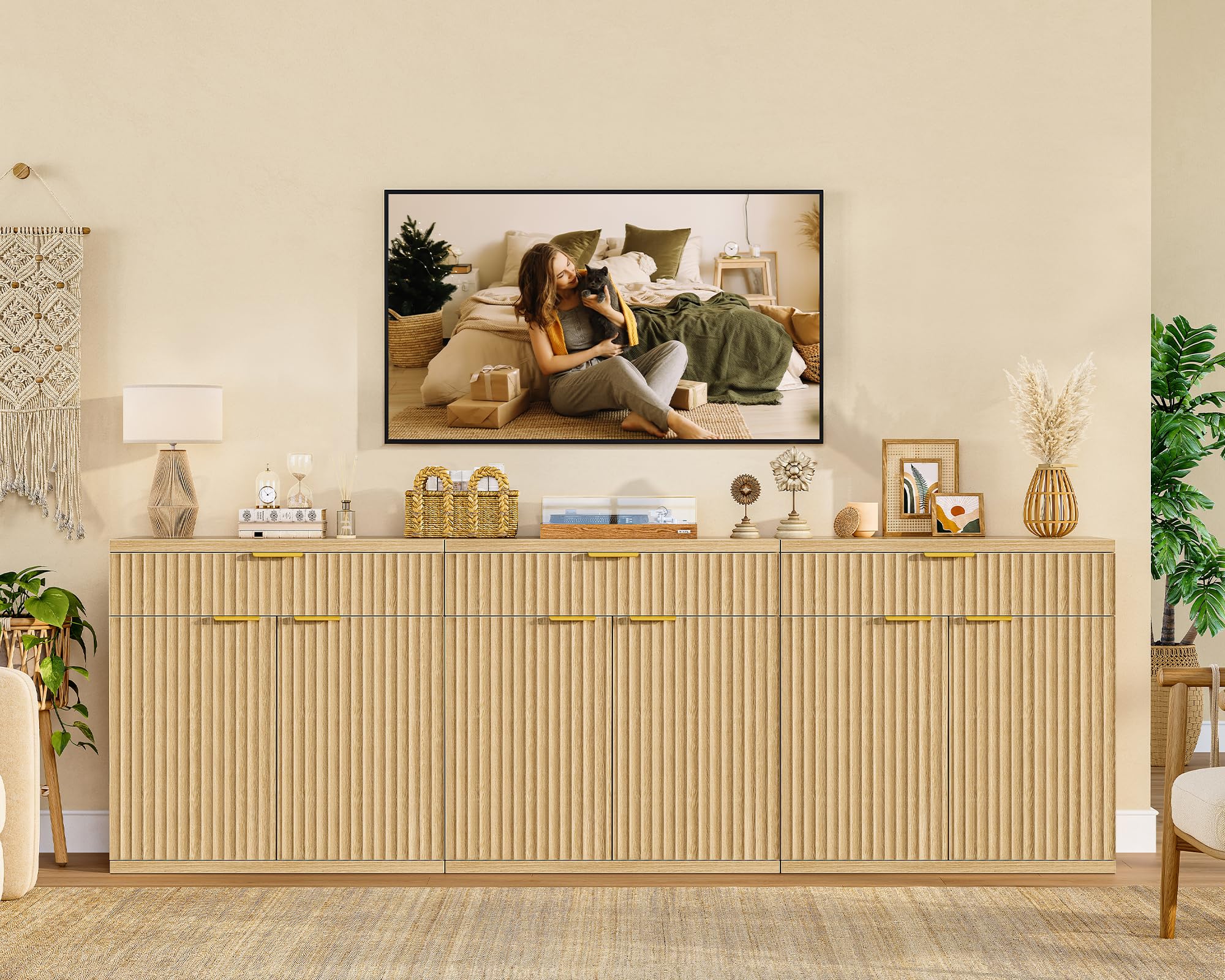 TEENFON Credenza Cucina Scanalata, Mobile con Cassetto e Ripiano Regolabile, Mobiletto Cucina in Legno Naturale con Maniglie Dorate, Credenza Soggiorno per cucina, soggiorno, ingresso-80x38x80cm
