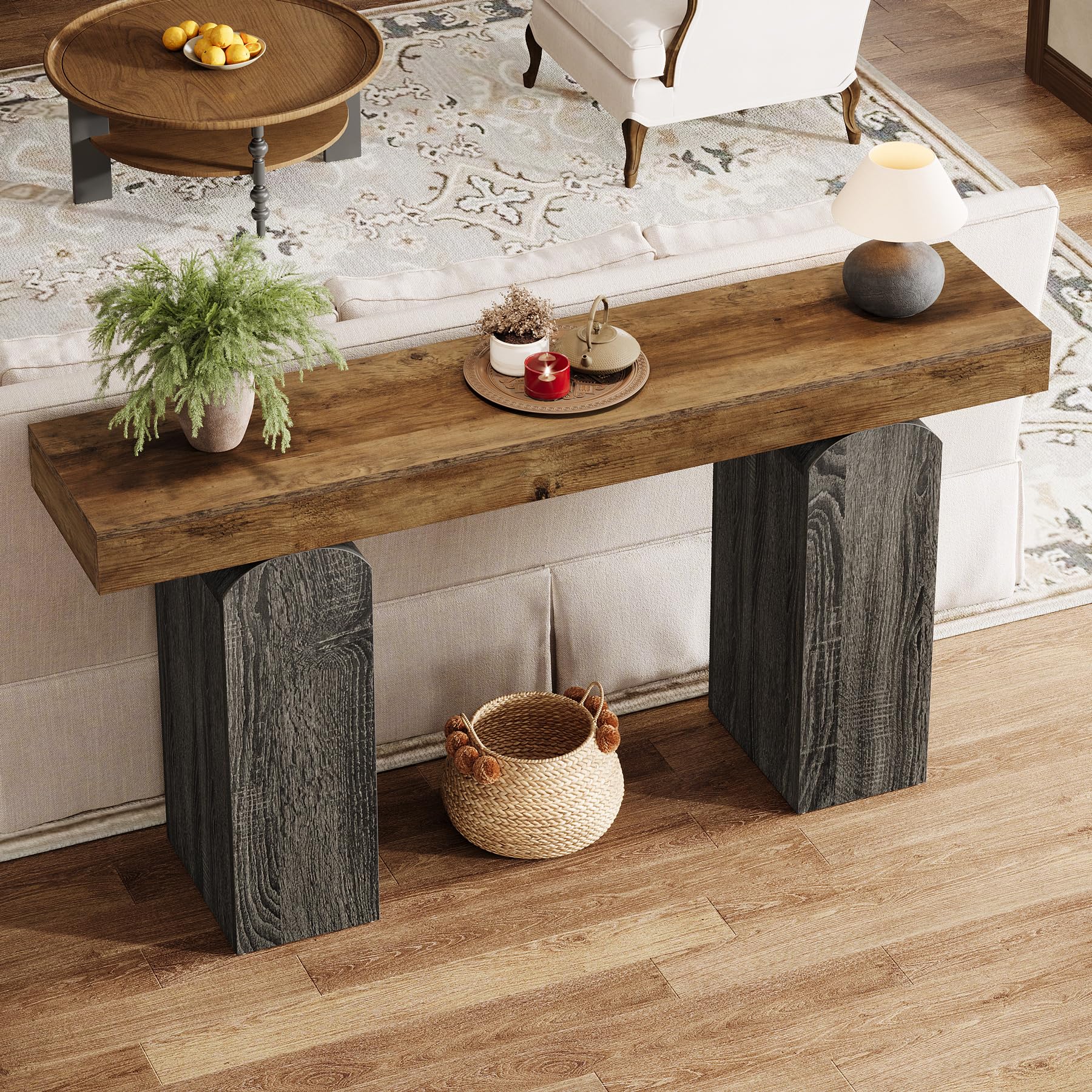 Tribesigns Tavolo Consolle Lungo 160 Cm In Stile Rustico Bicolore, Con 2 Gambe Curve, Per Ingresso, Corridoio O Dietro Il Divano, Vintage Marrone E Grigio