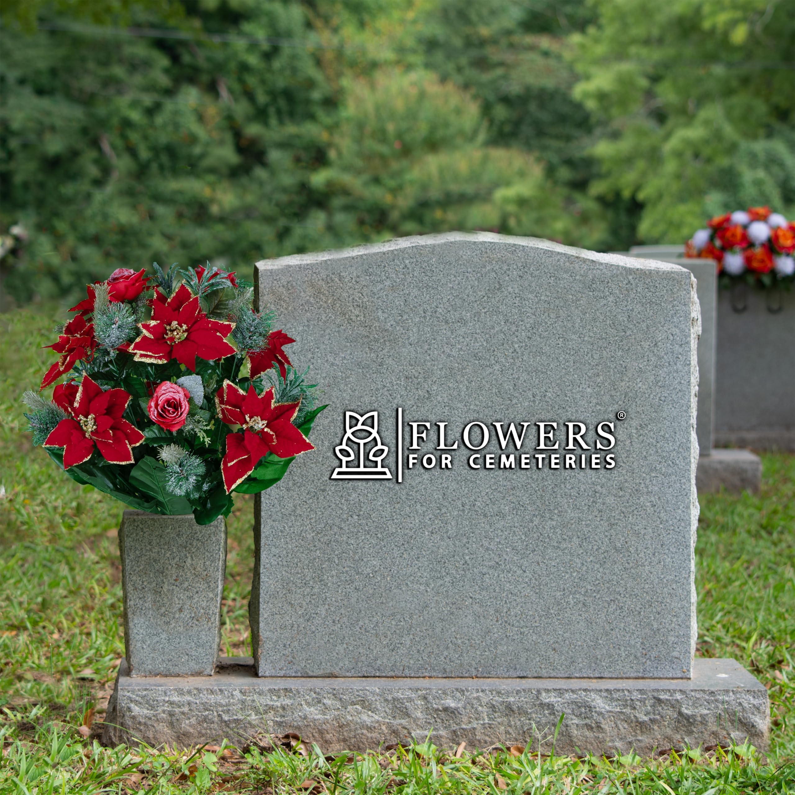 Fleurs artificielles de cimetière – Poinsettias rouges et roses avec paillettes et branches de pin givrées (rouge, bouquet)