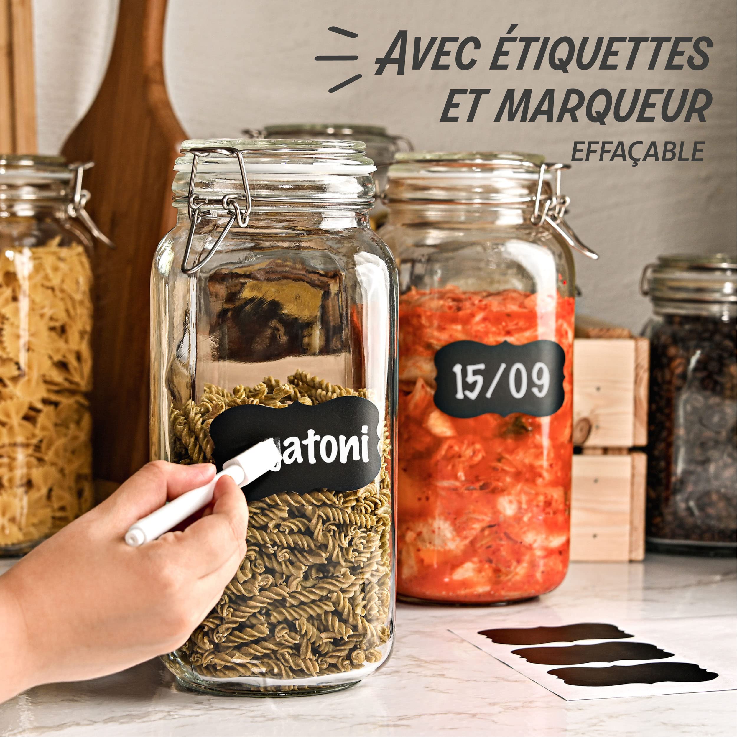 Praknu 3 Bocaux en Verre Hermétiques Grands de 2l - Avec Étiquettes, Marqueur et Joints de Rechange - Gain de Place grâce à leur Forme Angulaire