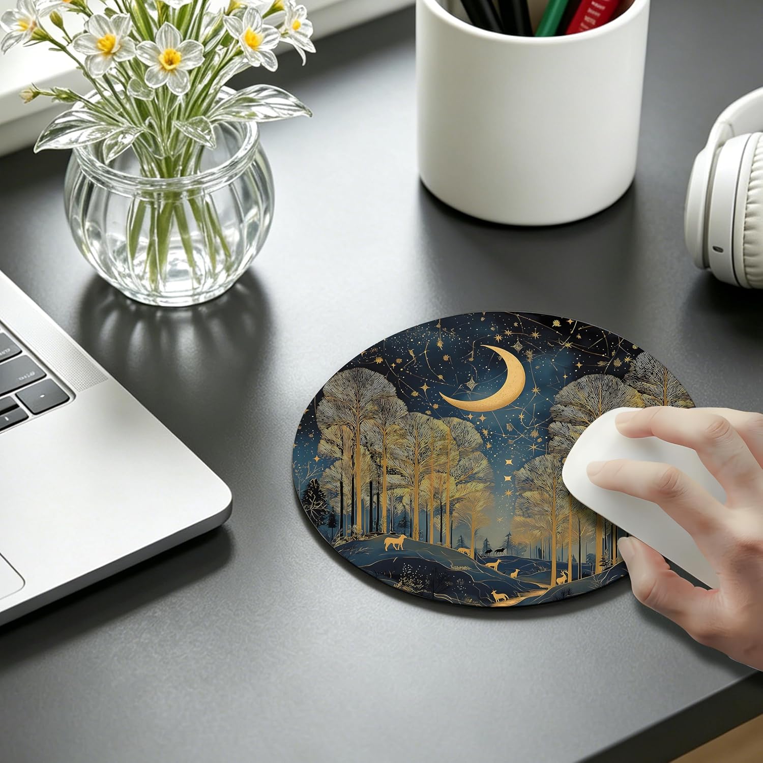 Vintage Moody Forest Round Mouse Mat 7.9x7.9 Inch,Dark Moon Office Decor for Women Desk Accessories,Retro Forest Mousepad with Non-Slip Rubber Base for Office Desk Accessories image 4