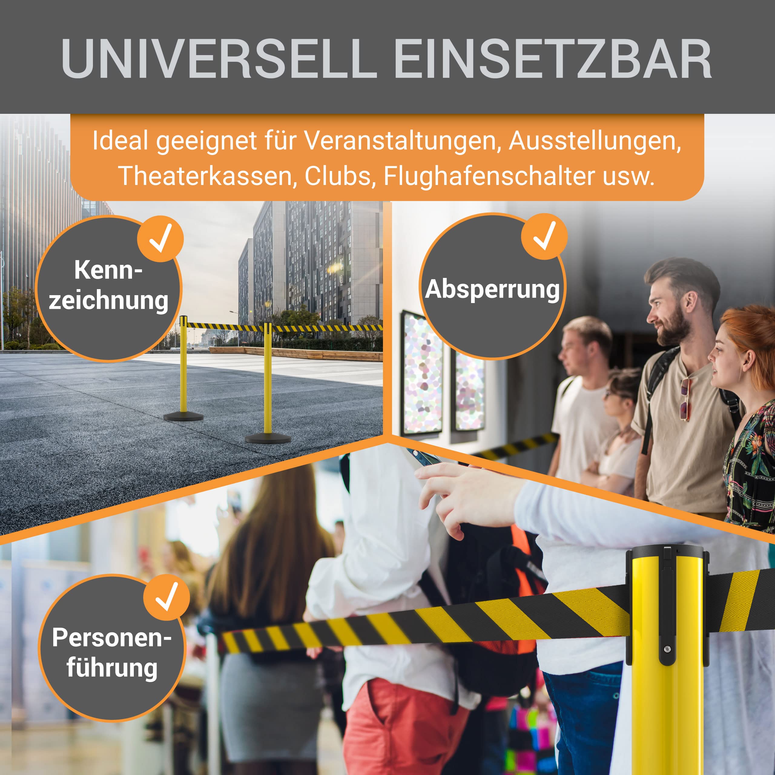 Absperrpfosten Set - 4-teilig - 100 cm hoch, 3 m Gurtlänge, Metallgelb mit ausziehbarem Gurtband schwarz/gelb - Absperrsystem für Personenführung