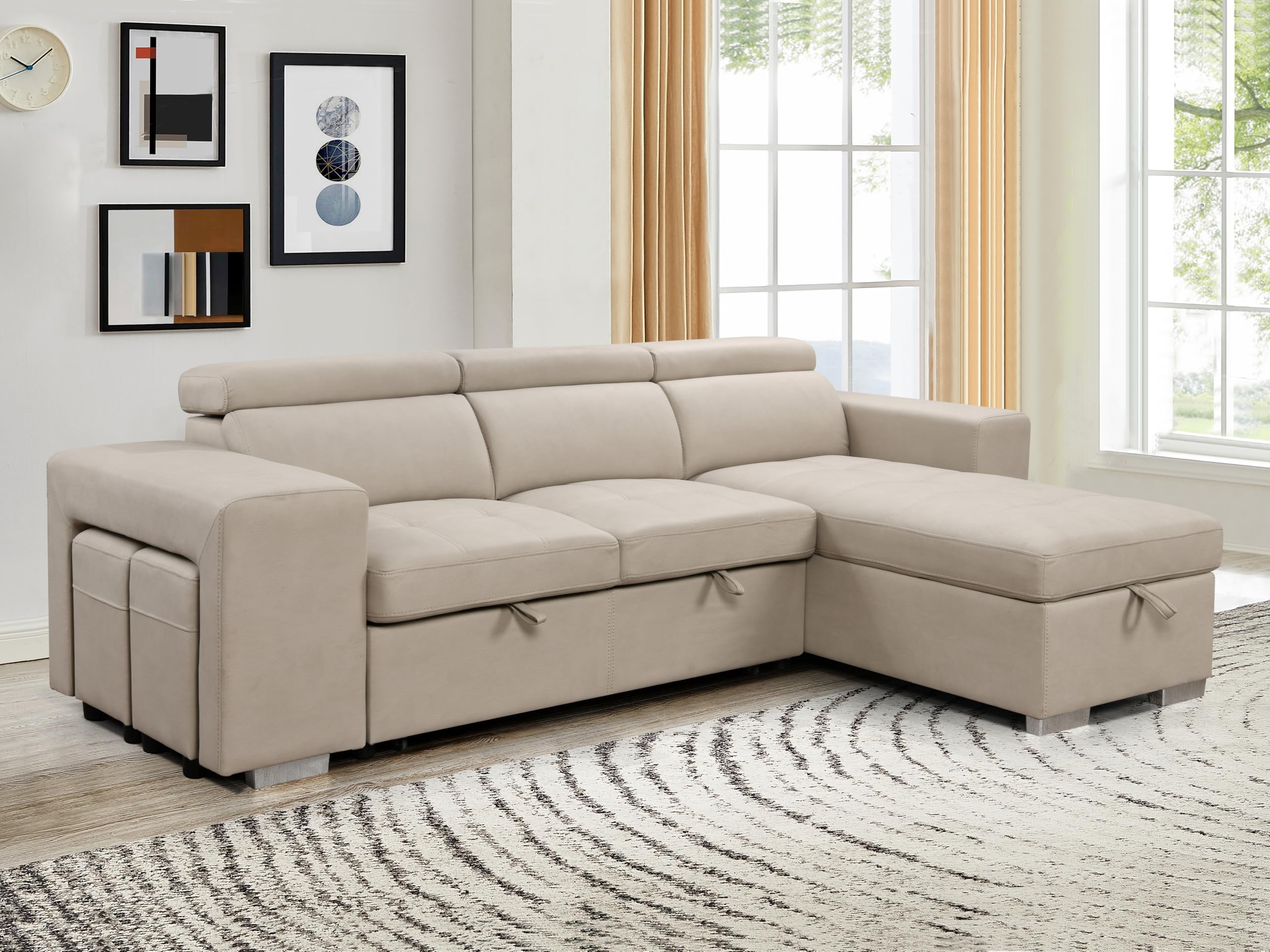THSUPER 102'' Microfiber L Shaped Sectional Sleeper Sofa Couch with Pullout Bed and Storage Chaise, Convertible Couches with Adjustable Headrest for Living Room, Reversible Chaise. Beige