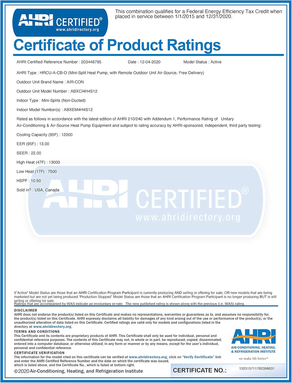 AHRI Certified Product Ratings certificate for Air-Con Mini Split System.