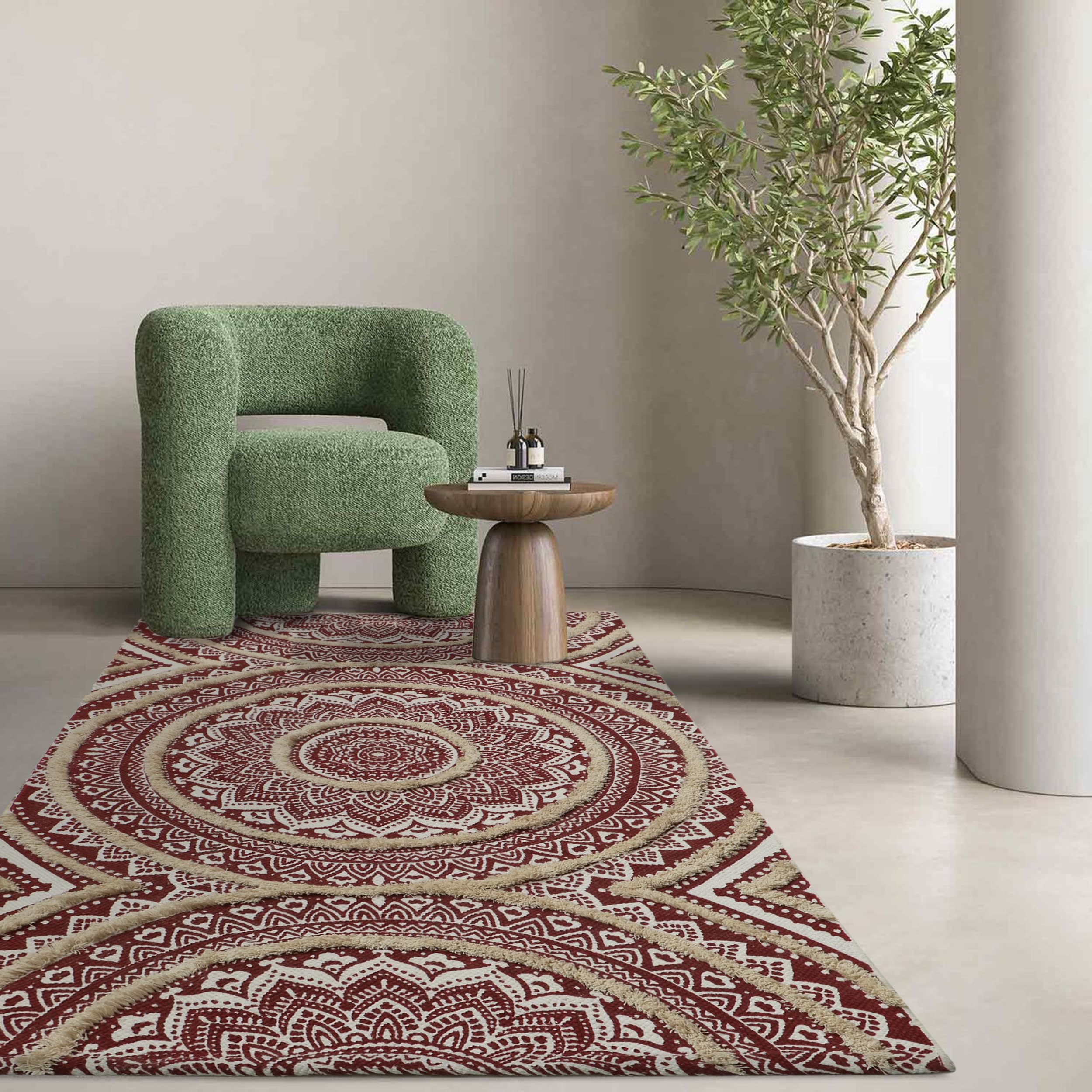 THE HOME TALK Printed Handmade Cotton Rectangular Carpets | Rugs for Bedroom, Center Table, Living Room, Drawing Room, Hall | Machine Washable | 3' X 5' | Red & Natural-image-12