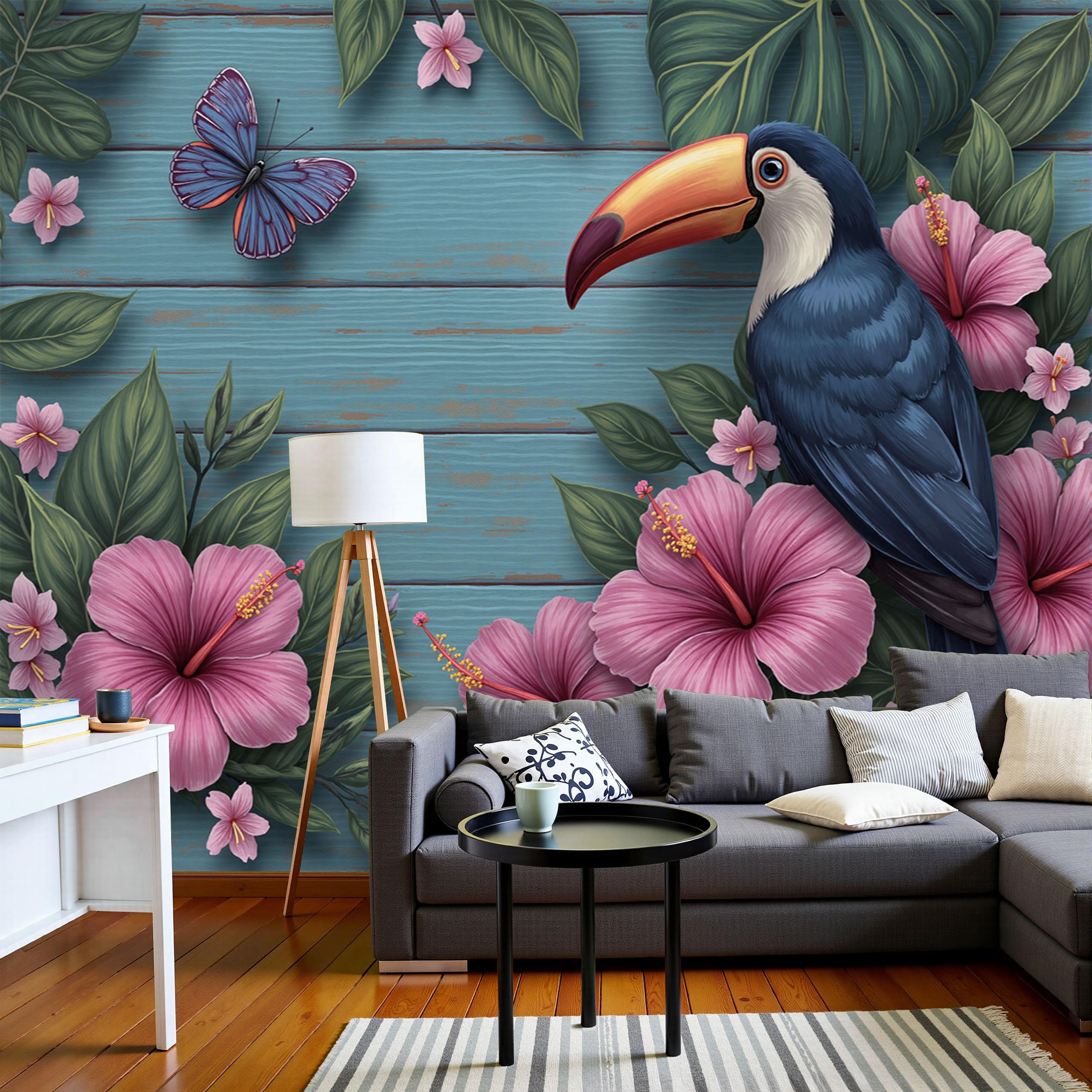 Décoration murale salon panoramique toucans 3D bleu-vert haut de gamme