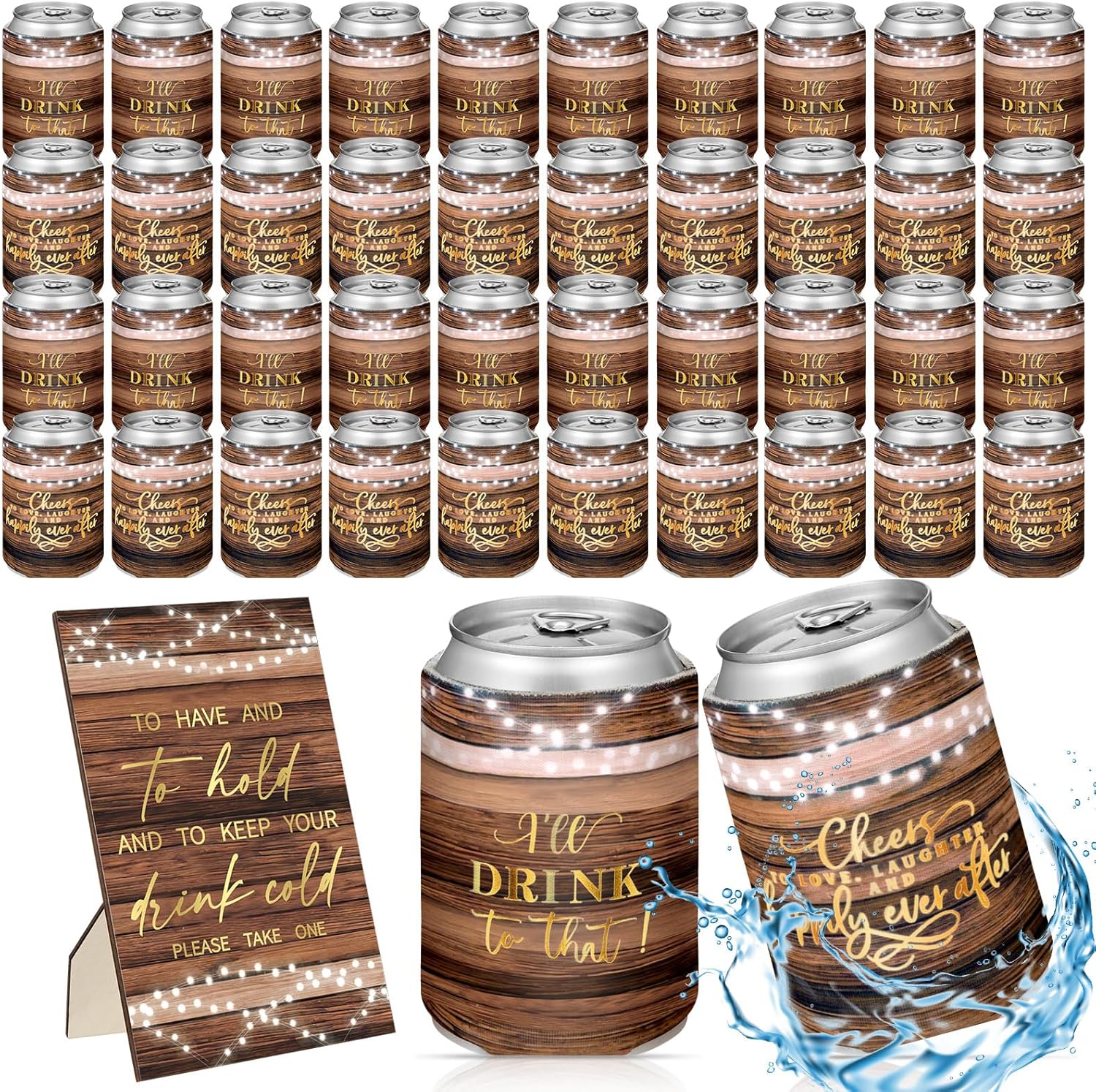 101 Pcs Wedding Can Cooler Bulk Engagement Party Favors for 100 Guests Cheers to Love Laughter, and I'll Drink Can Cooler with 1 Pcs Wooden Wedding Table Sign Bridal Shower Favor (Brown)