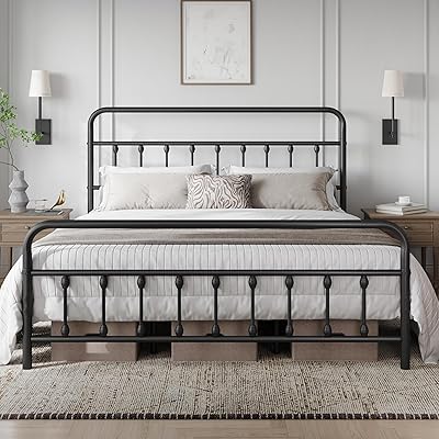 Yaheetech Classic Metal Platform Bed Frame Mattress Foundation with Victorian Style Iron-Art Headboard/Footboard/Under Bed Storage/No Box Spring Needed/Queen Size Black