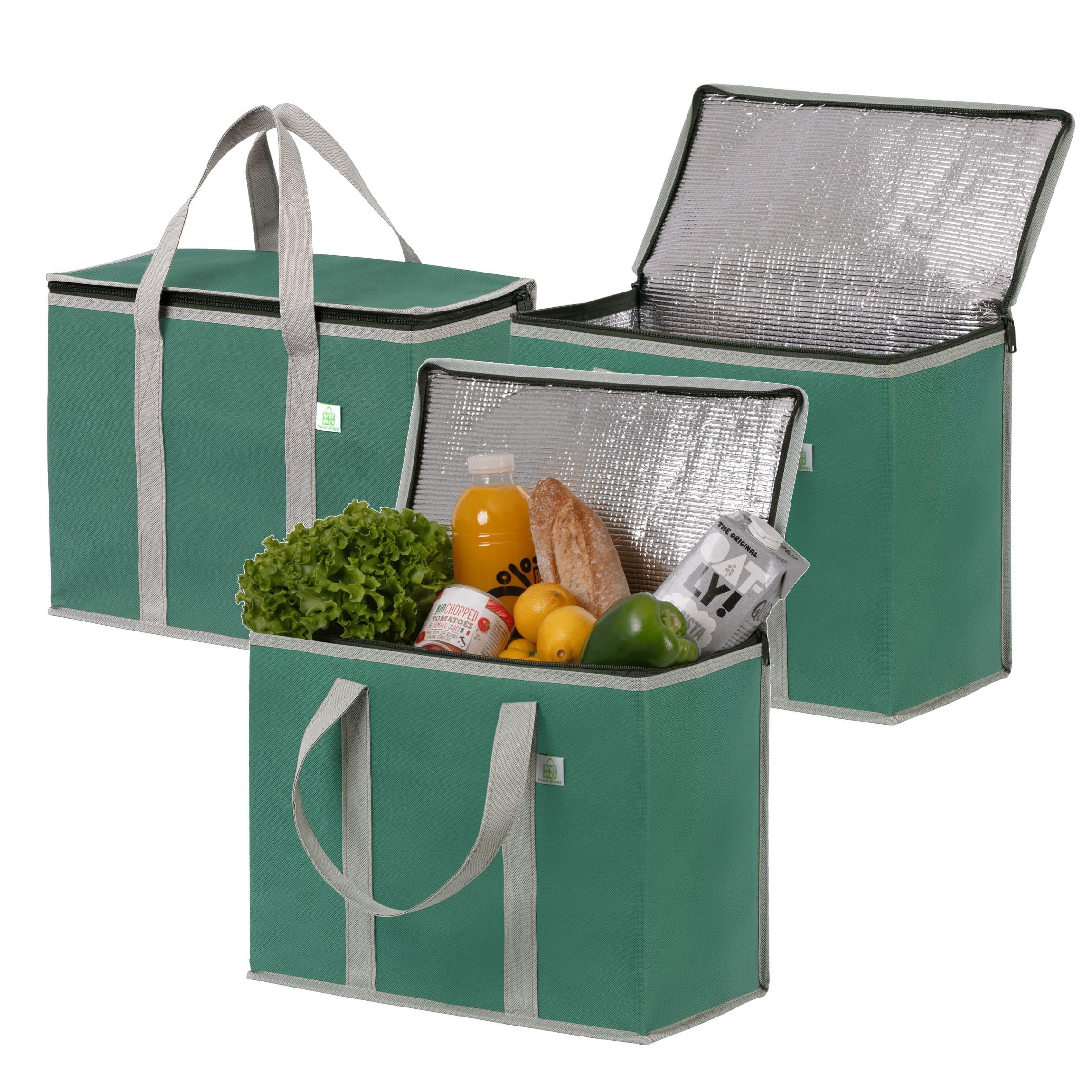 VENO 3 Pack Cooler Bag and Insulated Grocery Bags for Food Delivery, Collapsible Cooler, Reusable Shopping Bags for Groceries with zipper, Foldable, Heavy-Duty, Stands Upright (Green, 3 Pack) โ image 1