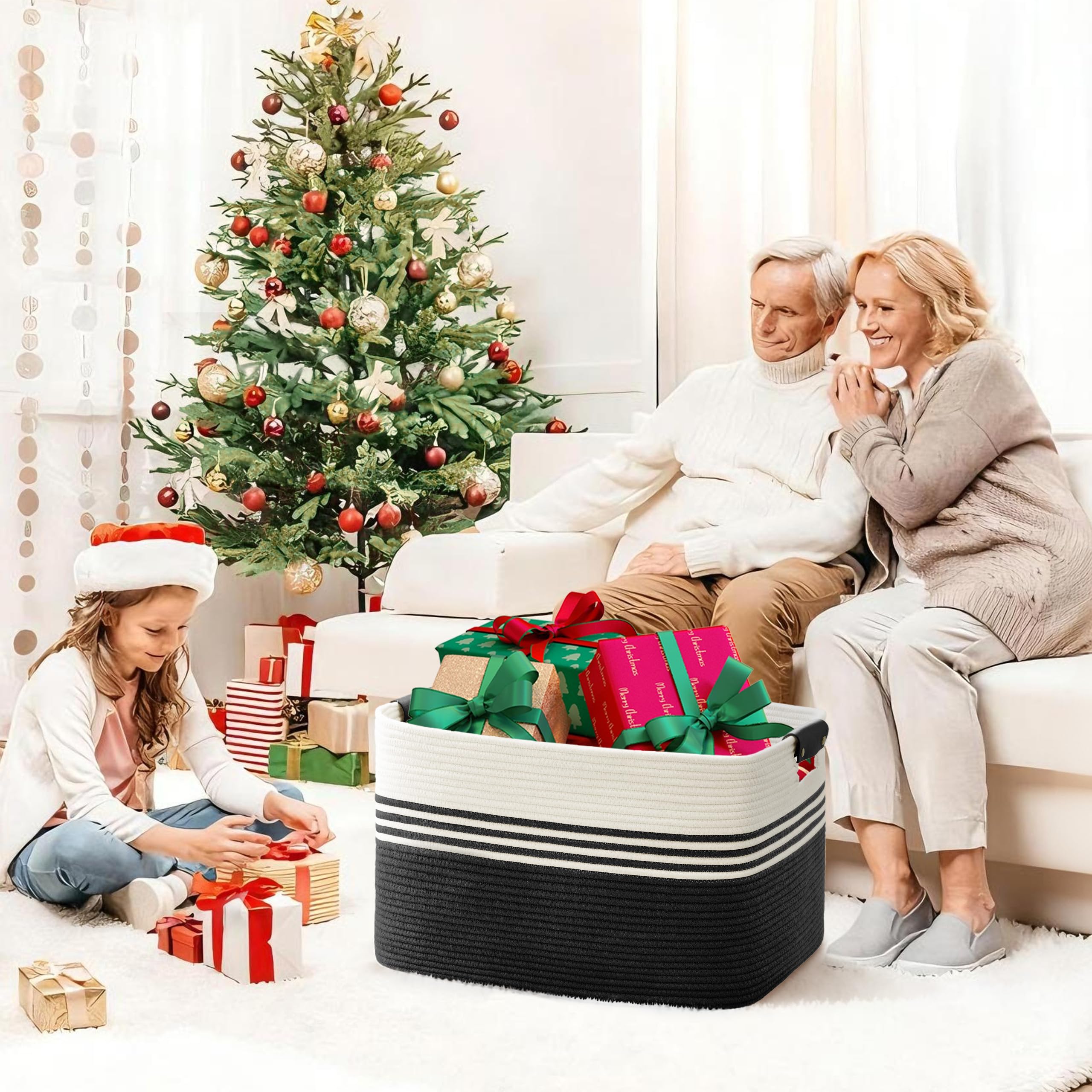 Cesto grande para ropa trenzado en cuerda de algodón, 86L, recipiente con asas de cuero, para mantas, ropa, juguetes, de lavandería para habitación infantil o salón, 60x40x36 cm, blanco y negro