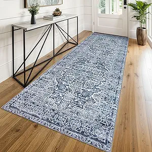 KUTA Vintage Washable Kitchen Runner 3x8, Non Skid Washable 8 ft Blue White Runners, Printed Distressed Floral Area Rugs Ultra Soft Carpet for Bedroom Living Room