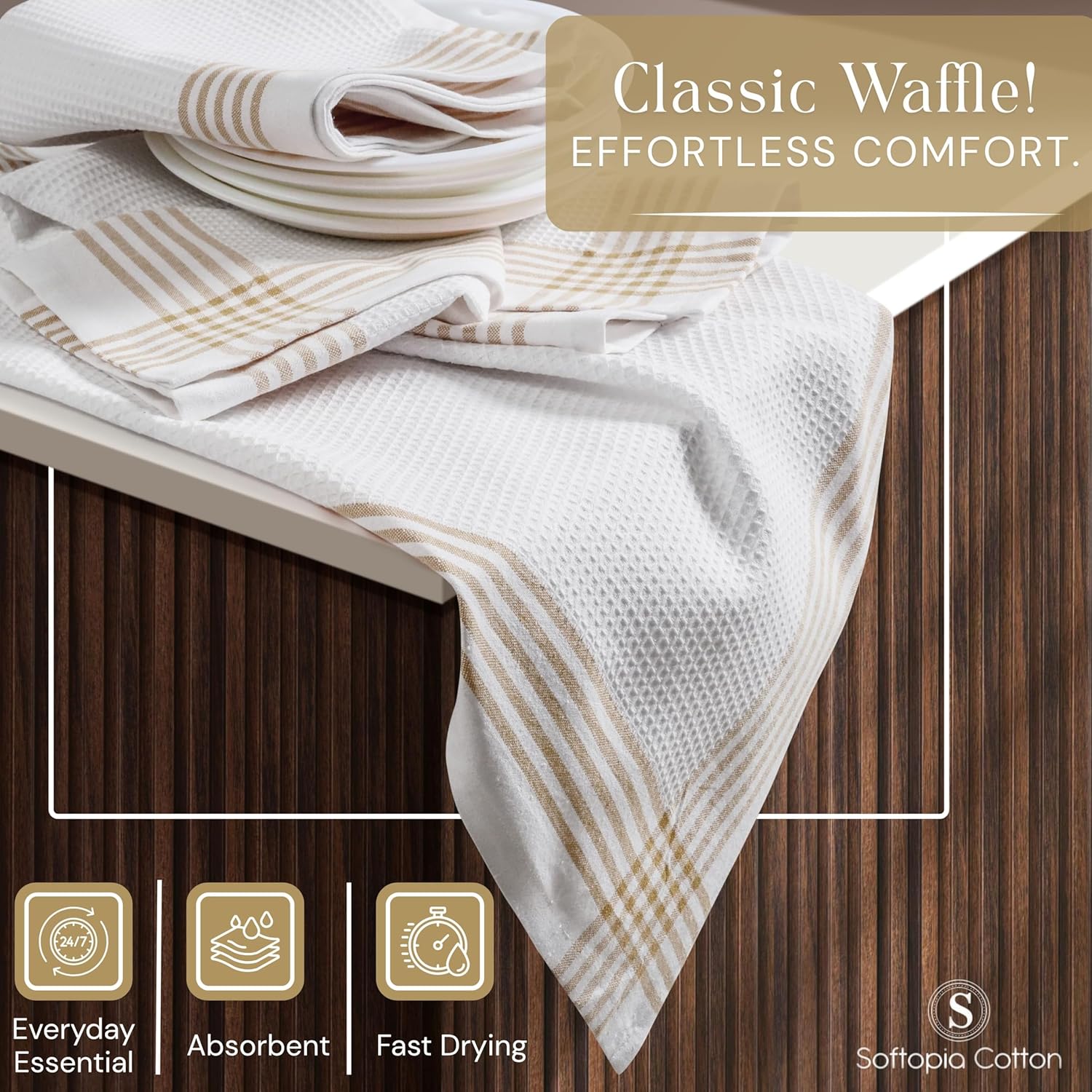 Waffle White & Beige Kitchen Dish Towels 12 Pack, 100% Cotton, 16x26 inches, Durable Dish Cloths Set, Quick Dry Kitchen Rags, Everyday Use Cooking and Cleaning Hand Towels, Bar Towel - Image 4