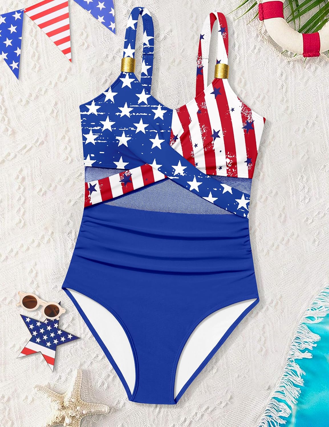 Girls Swimsuit Criss Cross One Piece Swimsuits Wrap Tie Back Sheer Mesh Bathing Suit with Gold Metal Swimwear 9-16Y - Image 4