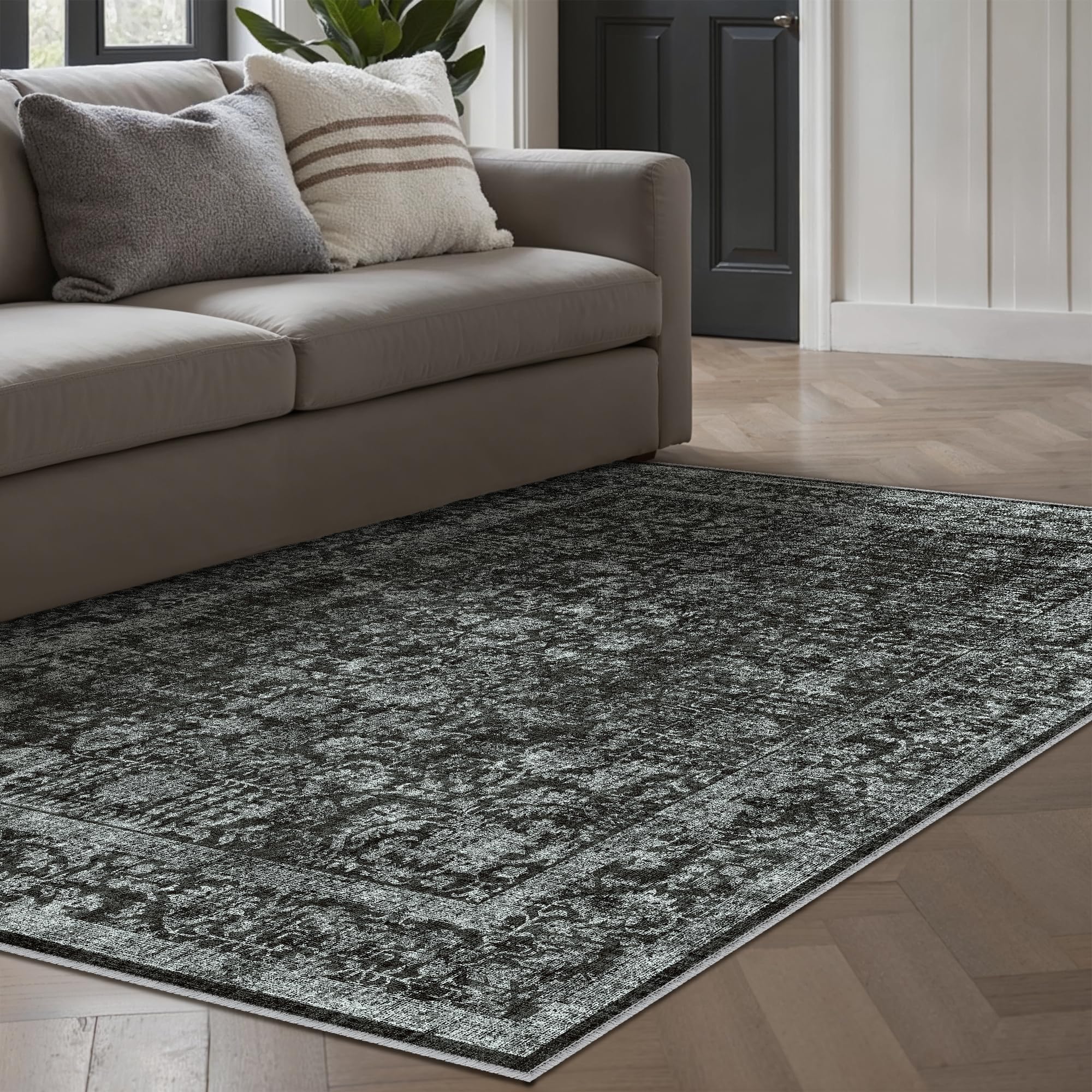 HUGEAR Vintage Tappeto Salotto Nero Tappeti 90x150cm Soggiorno Antiscivolo Lavabile in Lavatrice Tapette Camera da Letto Sala Ufficio Bambina Bambino Pelo Corto Grande Carpet