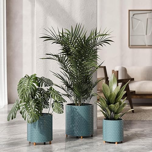 Miniatura 2 de EverNest Rhys - Macetero moderno de panal de abeja con soporte de madera, juego de macetas, SelectBase, maceta moderna de mediados de siglo para