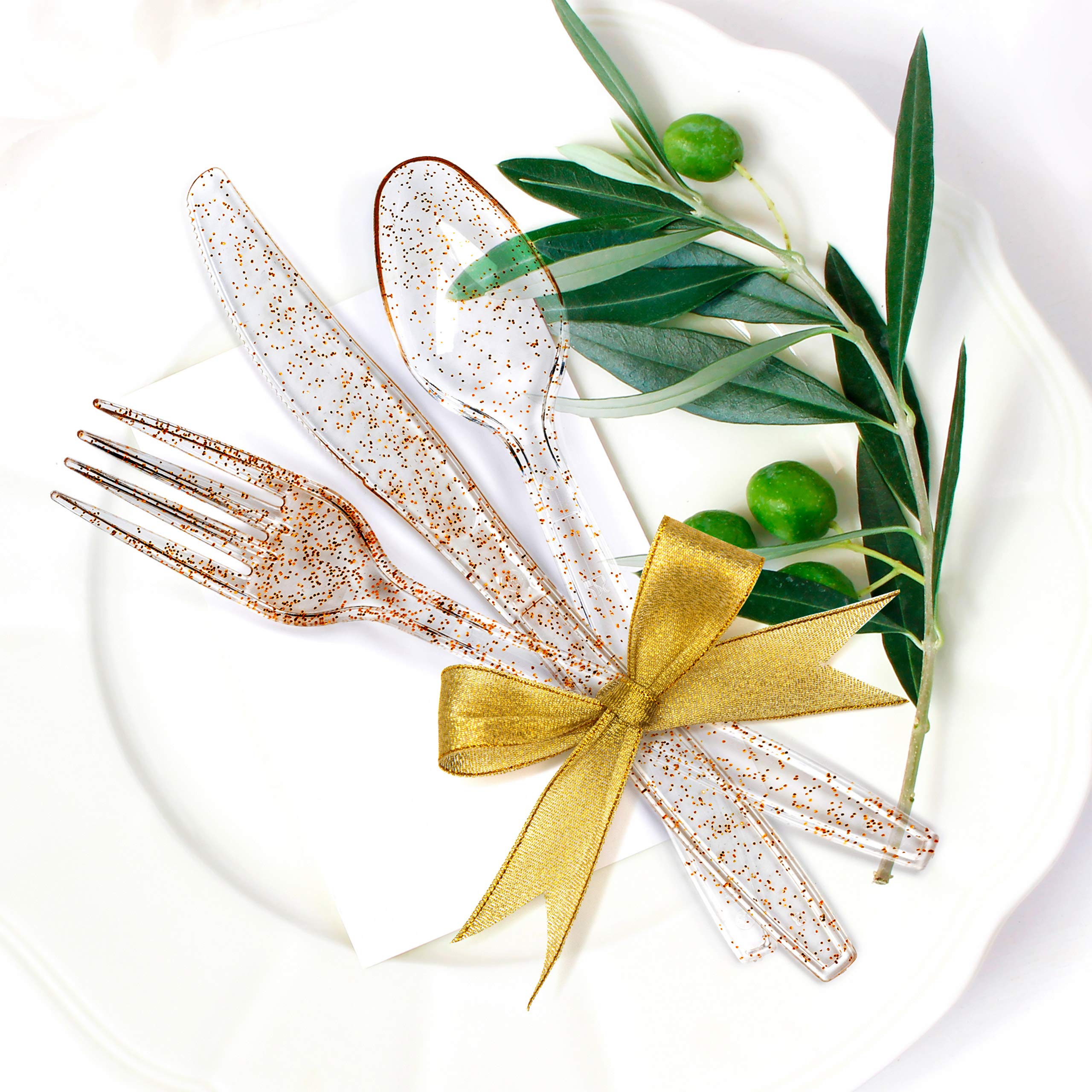 Matana 300 Posate in Plastica Trasparente con Glitter Dorati - Resistente