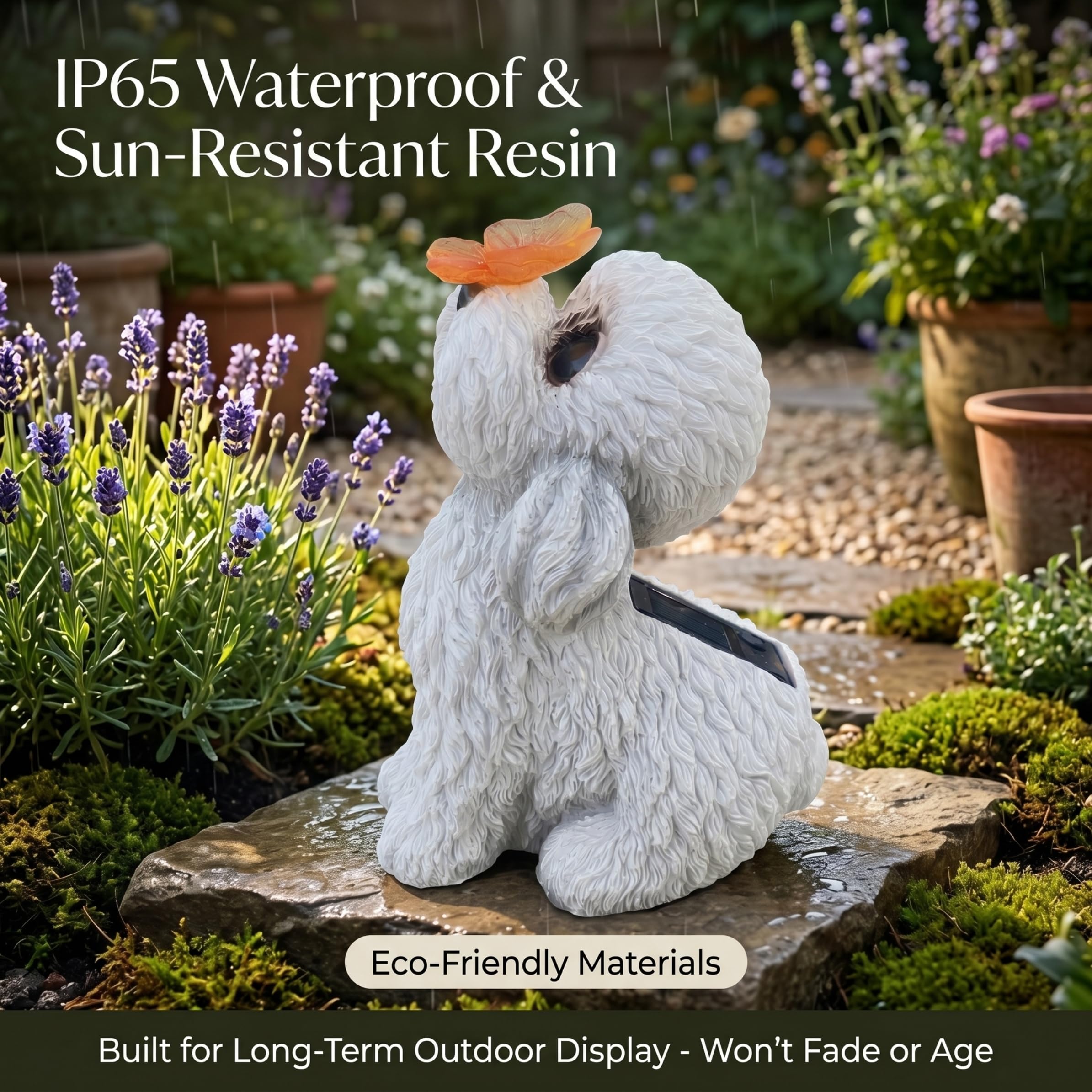 Estatuas de Perros al Aire Libre, Estatua de jardín Solar, estatuilla de Perro de Peluche Blanco con luz LED de Mariposa - Decoración de Patio y Patio al Aire Libre