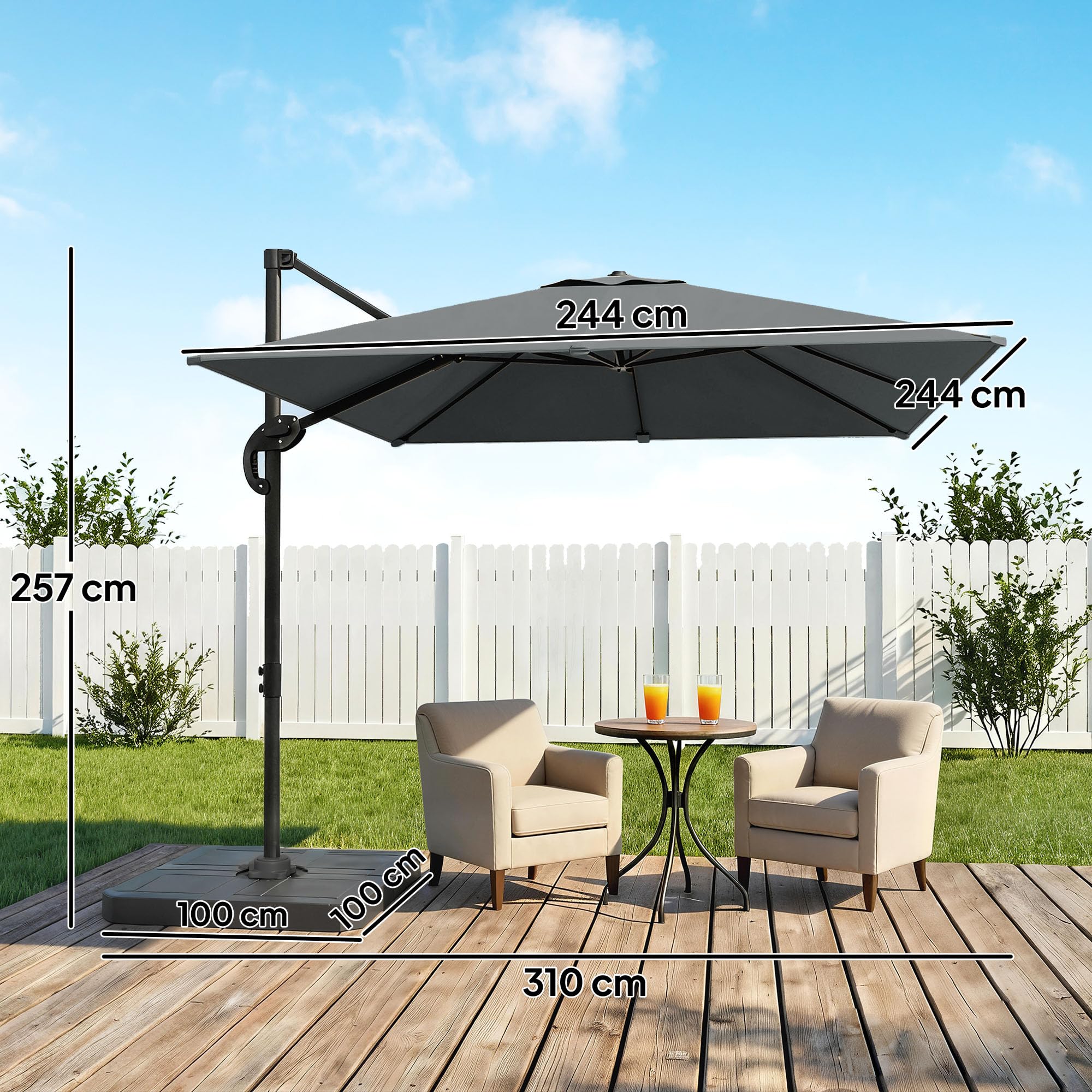Outsunny Parasol z stojakiem Ø244cm z obciążnikami korbą ciemnoszary