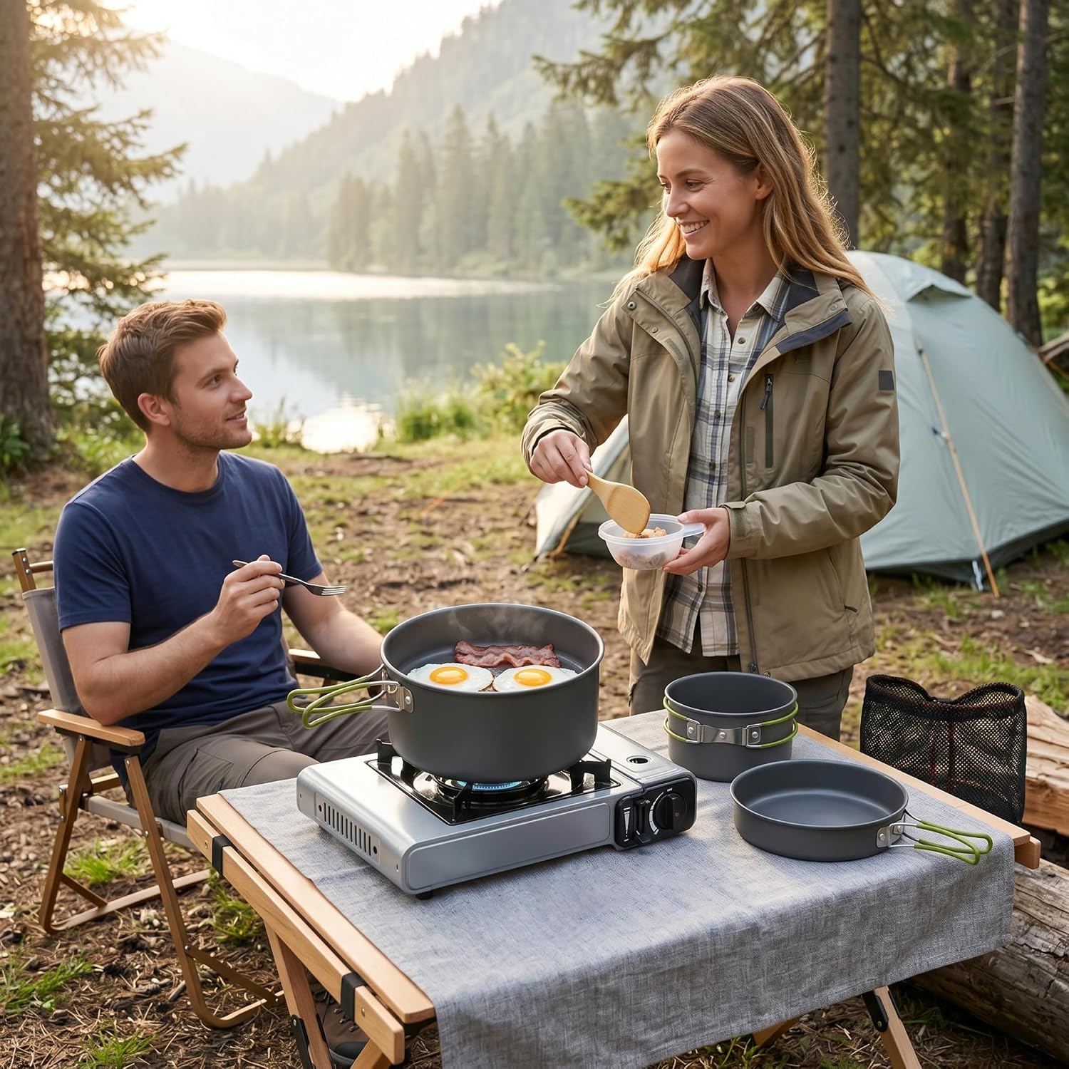 Camping Cooking Set, 2-3 Person Portable Camping Cooking Set Lightweight Aluminum Pots and Pans with Foldable Handles for Hiking Picnic Fishing Outdoor.