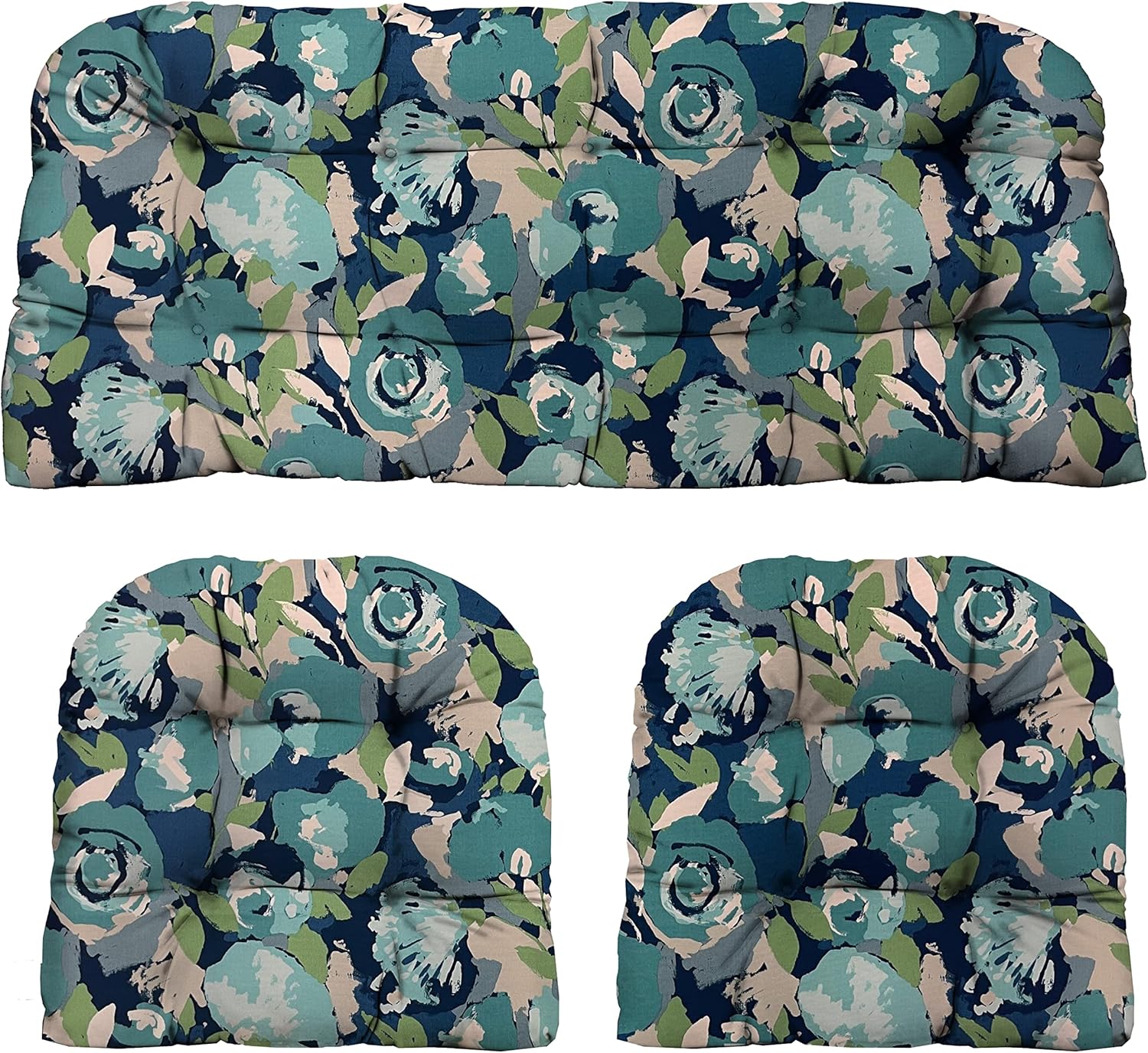 Indoor Outdoor 3 Piece Tufted Wicker Settee and Chair Cushion Set, All Weather, Water & Fade Resistant Polyester Fabric, 1 Loveseat Cushion 41”x19” & 2 U-Shape Chair Cushion 19”x19”