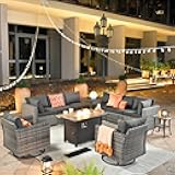 ovios 11 Piece Outdoor Patio Furniture Set with Fire Pit Table,Conversation Sectional Wicker Couch with Swivel Chairs,Modern Outside Sofa for Balcony Backyard, Black