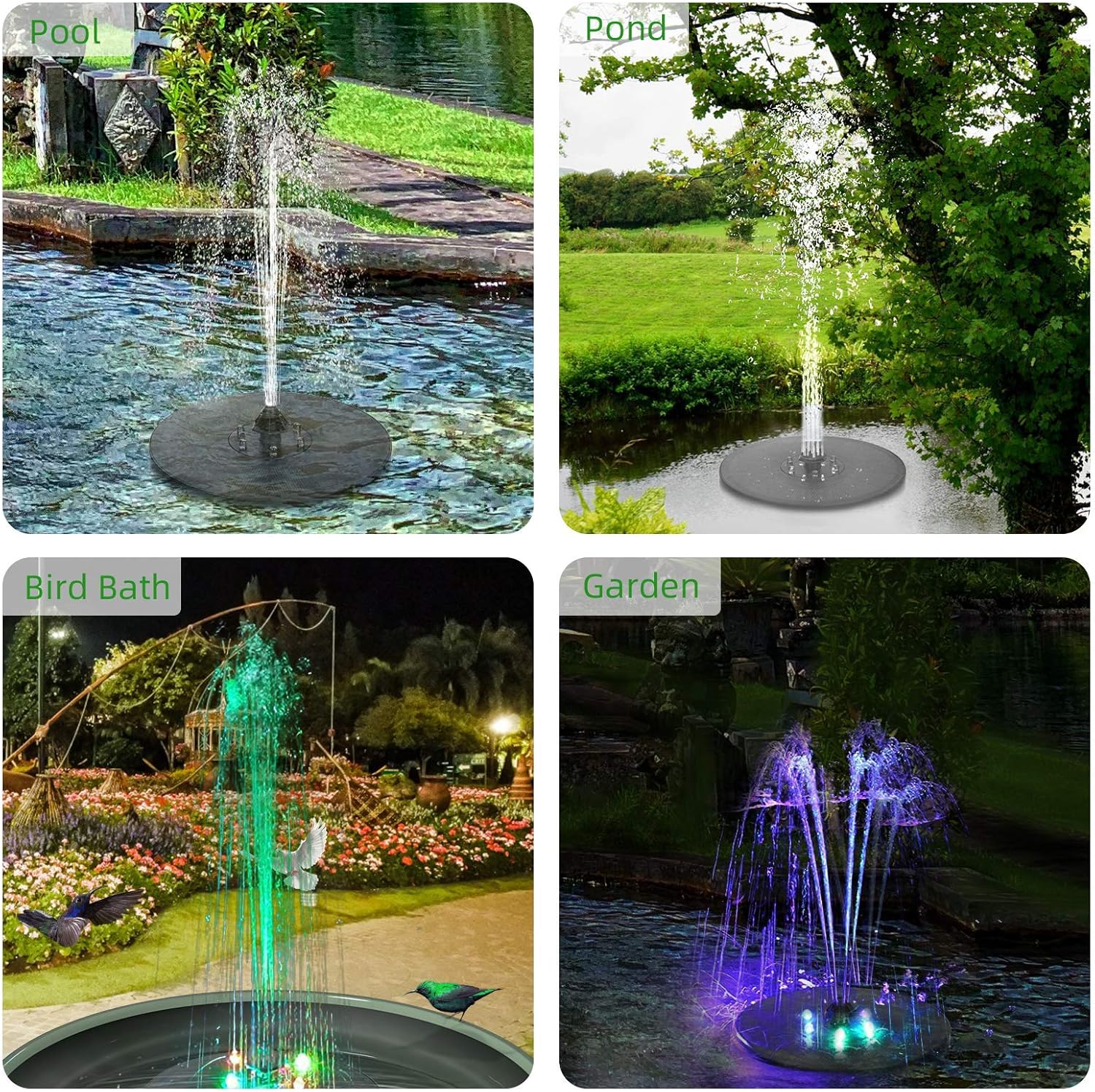 KVISTER Solar Fountain Pump for Bird Bath with LED Lights, 3W Solar Water Pump Floating Fountain w/7 Nozzles, Anti-Drift, Water Cycling for Garden Bird Bath Pond Backyard Decoration