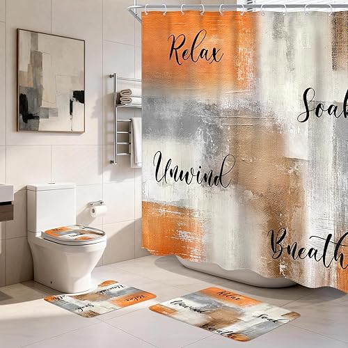 Miniatura 10 de Juego de 4 Piezas de Cortina de Ducha Amarilla y Gris, Juegos Completos de Baño con Cepillo Abstracto Moderno, Cubierta de Tapa de Inodoro, Tapete