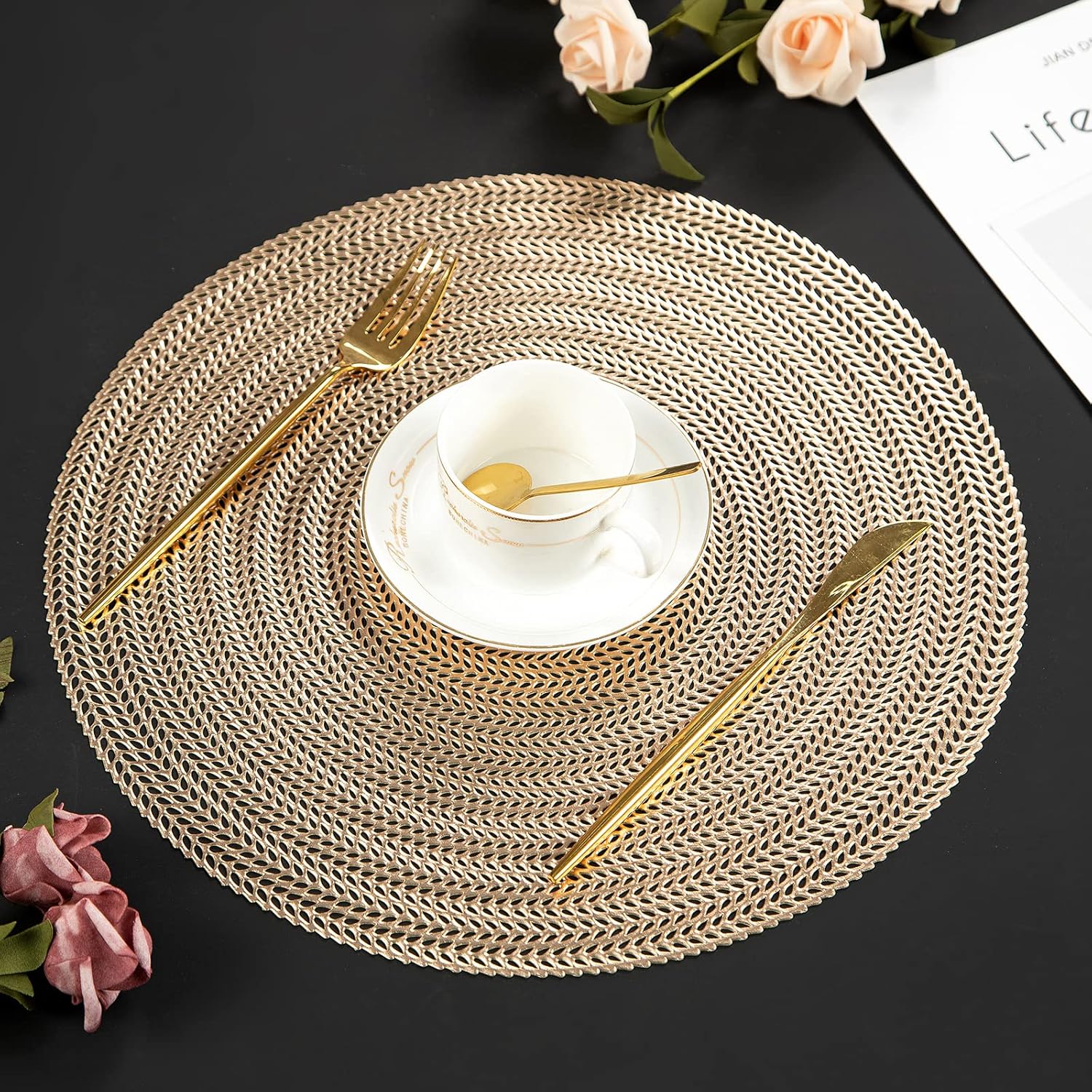 Round Placemats Set of 8, 15 Inch Vinyl Placemats Hollow Out Washable and Wipeable Gold Circle Place Mats Dining Table Mats for Anniversary Dinner Kitchen Decorations