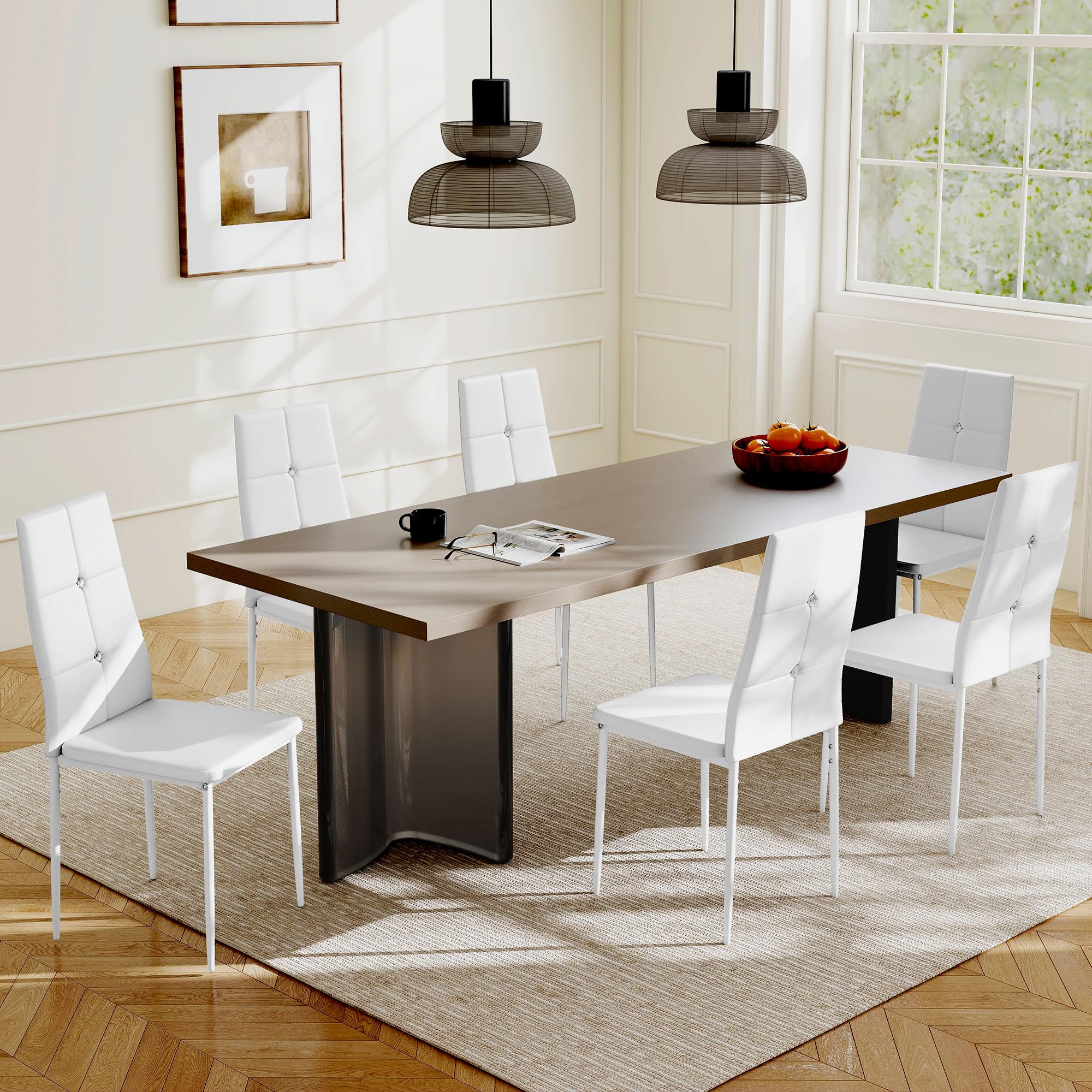 HOMCOM Juego de 6 Sillas de Comedor con Respaldo Alto para Salón Blanco | Tapizada en PU, Sillas de Cocina Modernas, Botones, Patas de Acero, Dormitorio