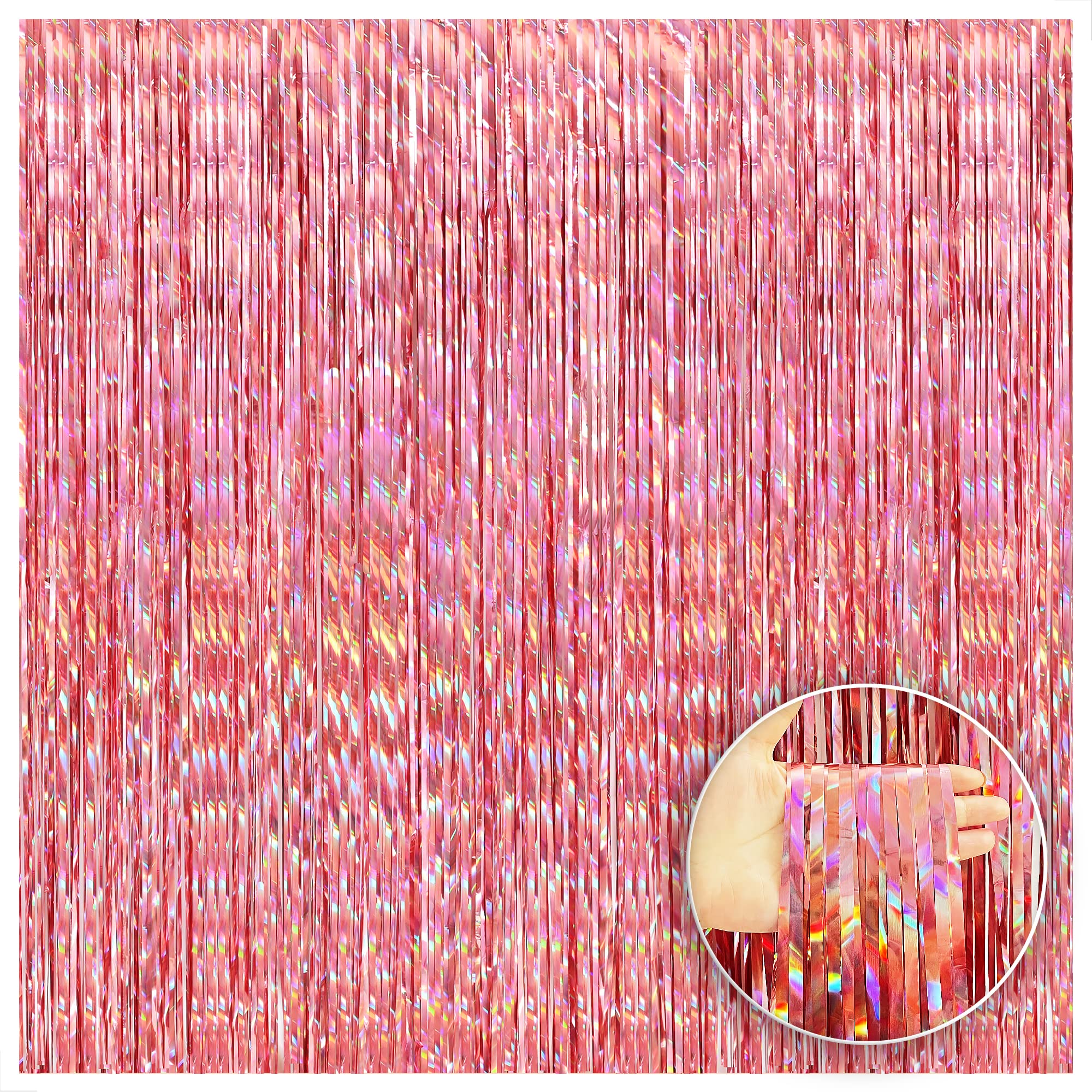 KatchOn, Holographic Rose Gold Backdrop - 3.2x8 Feet | Fringe Curtain for Bachelorette Party Decorations | Rose Gold Baby Shower, Bridal Shower