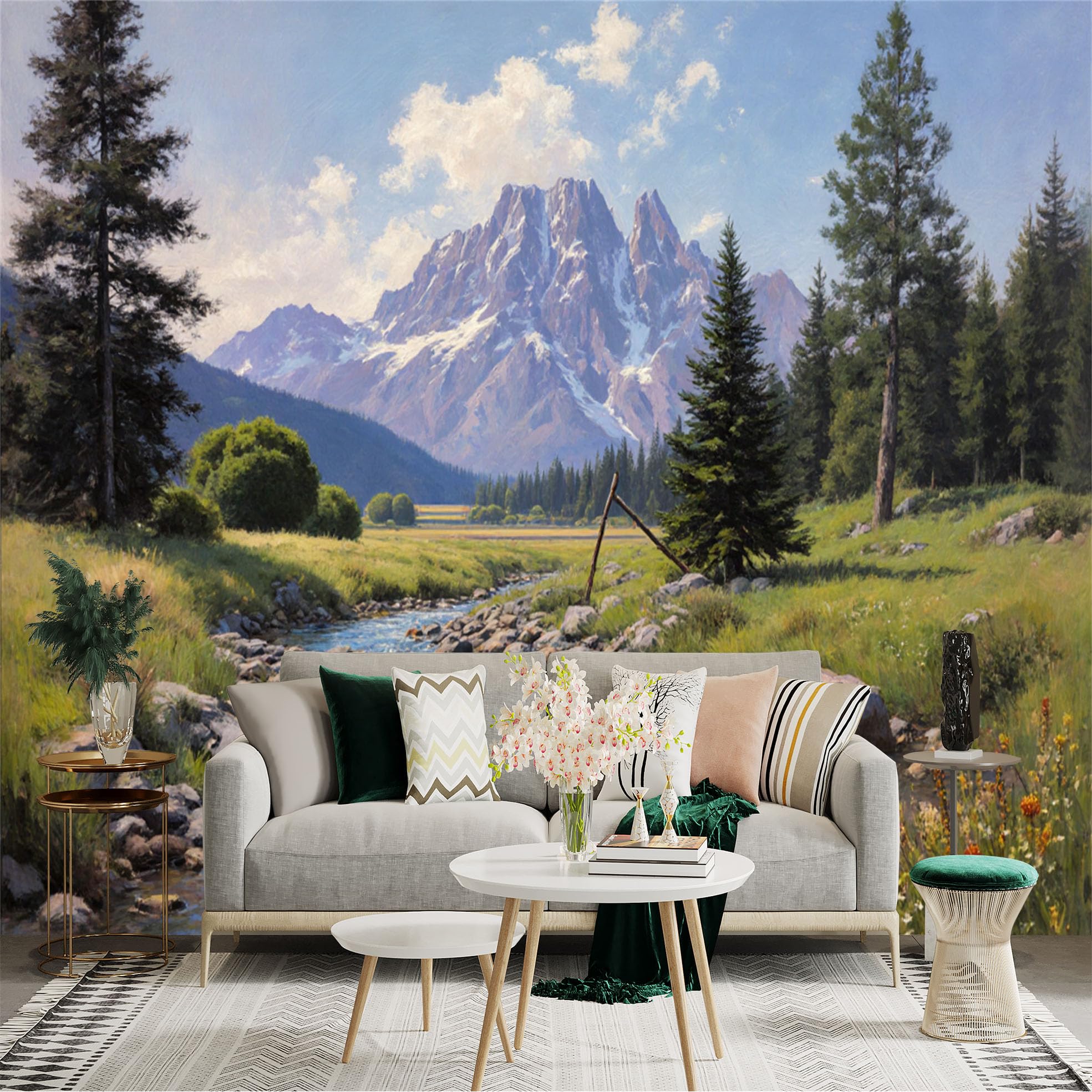 Custom Size Wall Sticker Mural， Mountain Landscape with River， Pine Trees and Meadow， for wall Decoration， peelandstick wall Decals.
